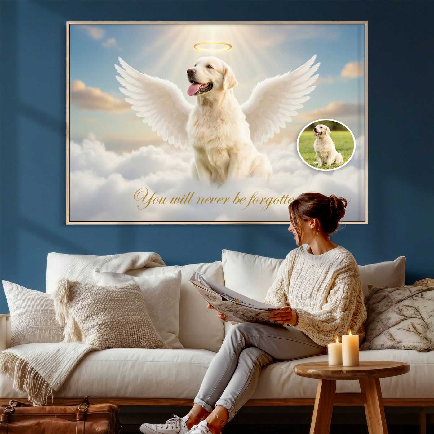 59821082-MGV-CV-36X24 - Pet Memorial Wall Art Canvas Print, Custom Dog Memorial Portrait, Personalized Angel Pet Loss Gift, Angel Wings Puppy Print