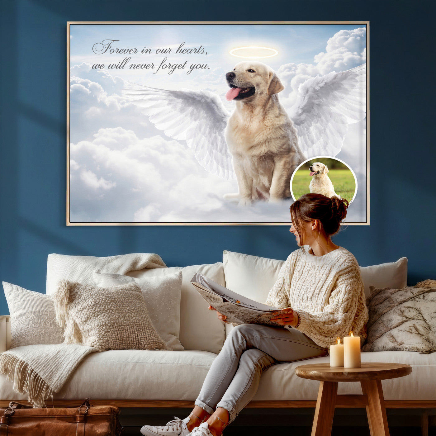 62795455-MGV-CV-36X24 - Pet Memorial Wall Art Canvas Print, Custom Dog Memorial Portrait, Personalized Angel Pet Loss Gift, Angel Wings Puppy Print
