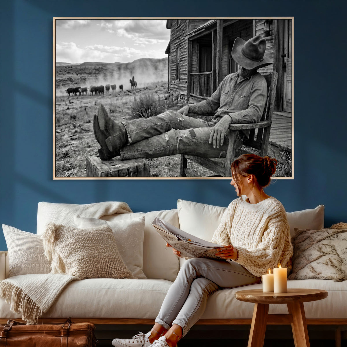 94461975S-MGV-CV-36X24 - Vintage Sleeping Cowboy Wall Art Canvas Print, Western Home Decor