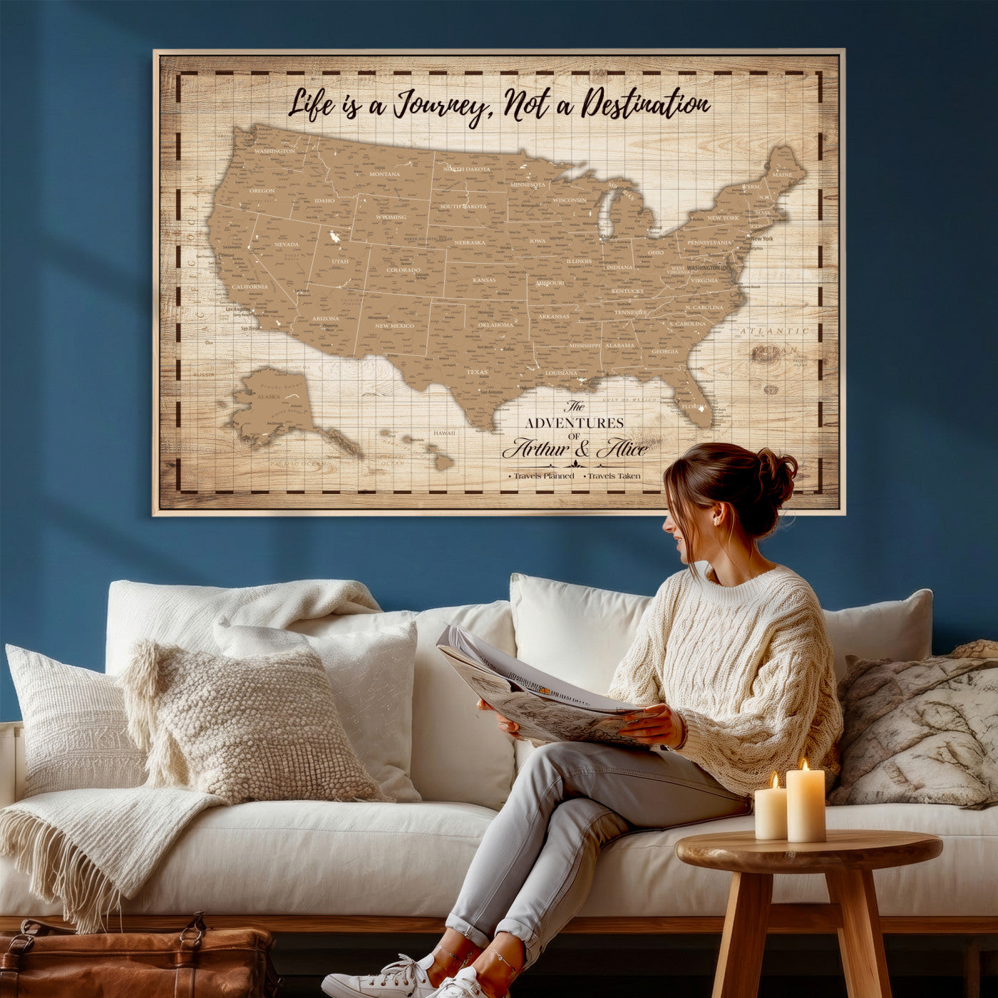 19102499-MGV-CV-36X24 - Personalized USA Push Pin Travel Map, Custom United States Map, Push Pin Map, USA Bucket List Map, Anniversary Gift, Couple Travel Map Wall Art