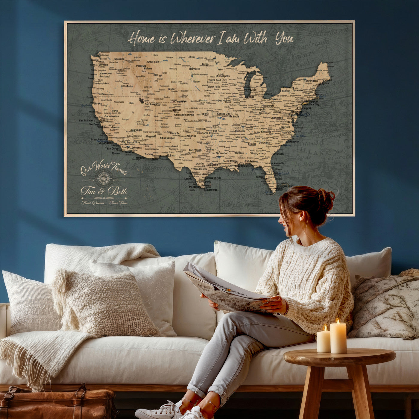 41270900-MGV-CV-36X24 - Custom Push Pin US Map Canvas | Personalized Travel Tracker | USA Cities Map Anniversary Gift for Couples | Adventure America Map Wall Art with Pins