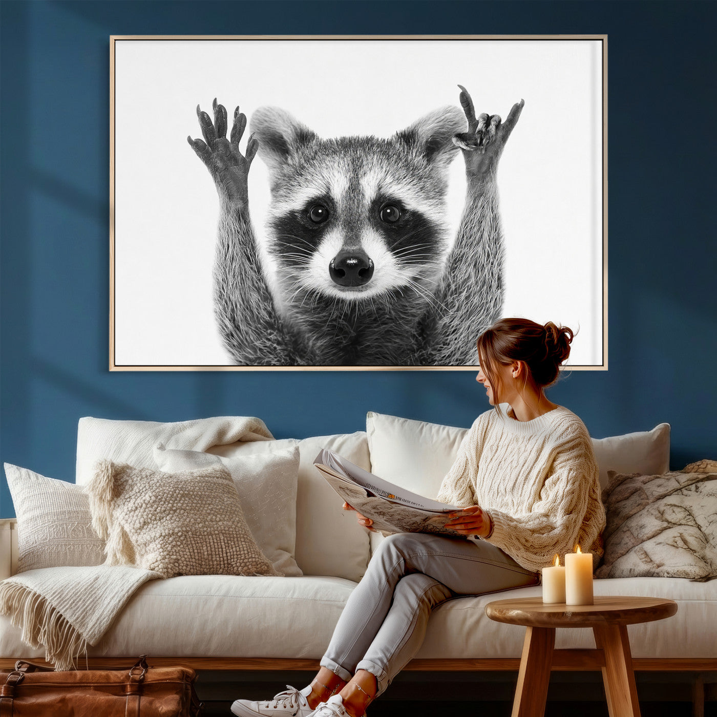 82392228-MGV-CV-36X24 - Funny Raccoon Canvas Wall Art, Black White Hands Up Animal Photo Print, Humorous Wildlife Decor, Kids Room Nursery Art, Quirky Animal Gift
