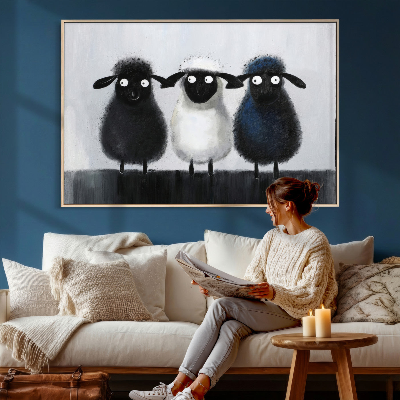 45650028-MGV-CV-36X24 - Funny Sheep Canvas Wall Art, Three Quirky Sheep Painting Print, Cute Animal Nursery Decor, Black White Navy Farmhouse Art, Kids Room Gift