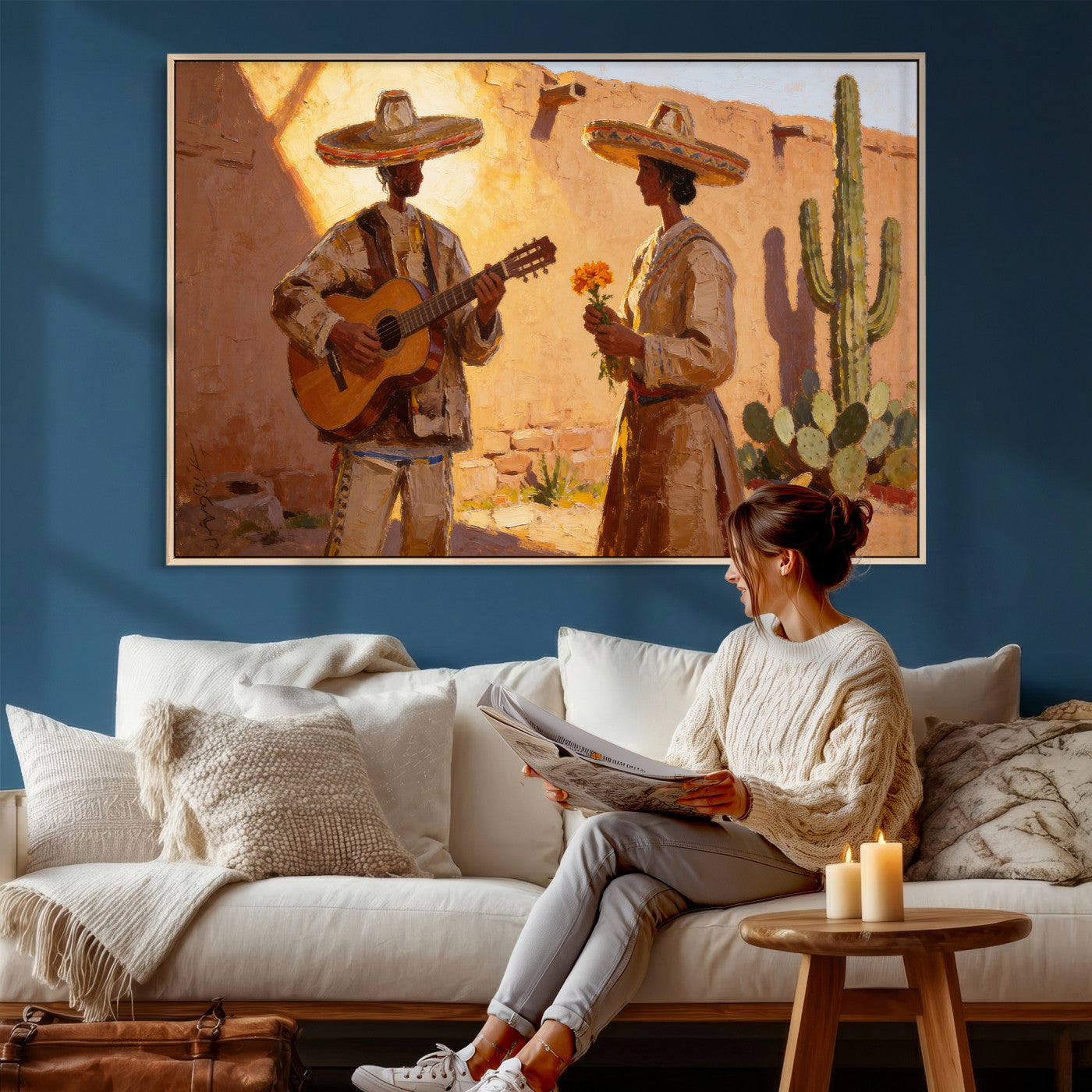 41849005-MGV-CV-36X24 - Mexican Couple Canvas Wall Art, Romantic Serenade Guitar Painting Print, Southwestern Desert Adobe Decor, Warm Golden Folk Art, Living Room Art