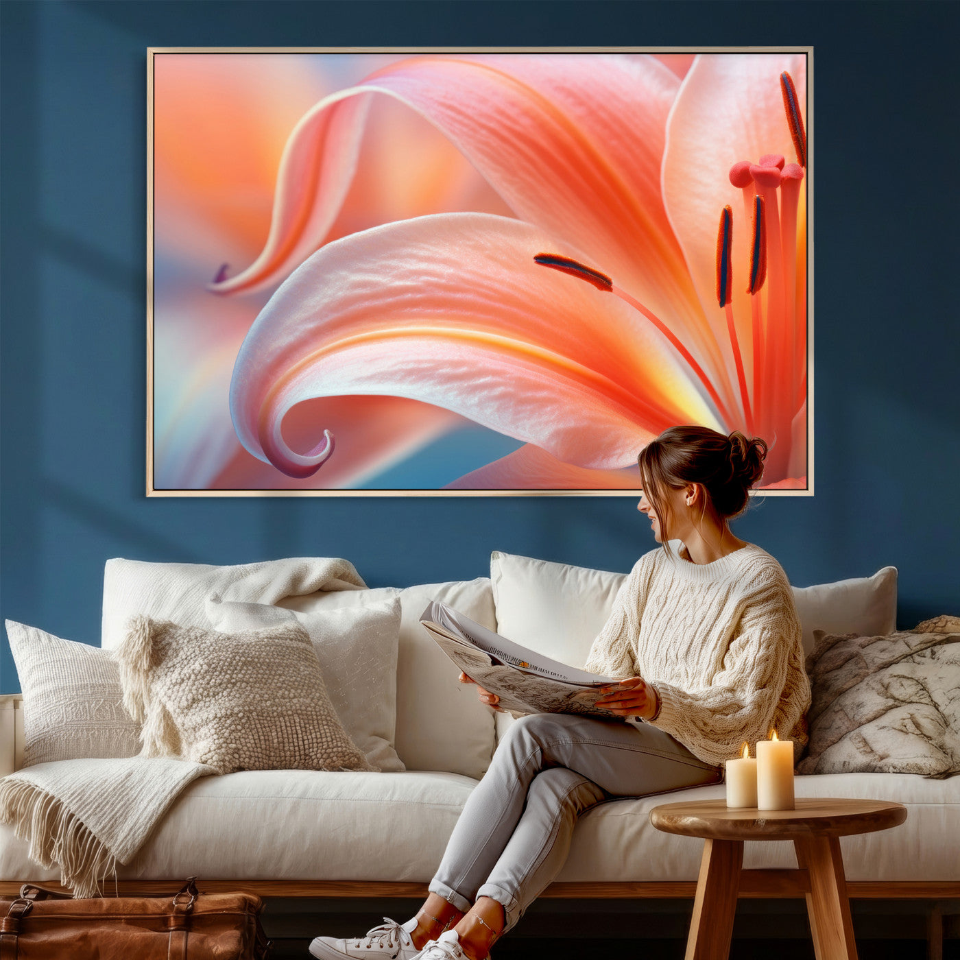 69566231-MGV-CV-36X24 - Peach Lily Canvas Wall Art, Coral Pink Flower Macro Photo Print, Botanical Bedroom Decor, Soft Floral Photography, Living Room Wall Art