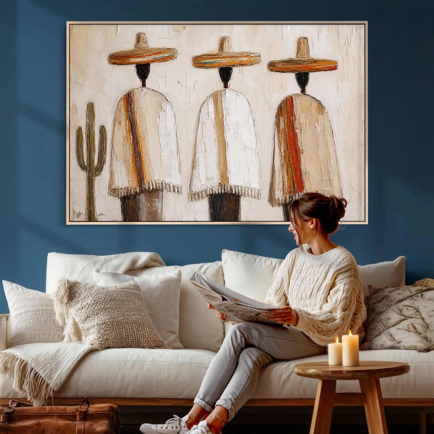 72884785-MGV-CV-36X24 - Mexican Folk Art Canvas Wall Art, Southwestern Sombrero Poncho Painting, Neutral Earthy Boho Decor, Fiesta Living Room Art, Impasto Style Print