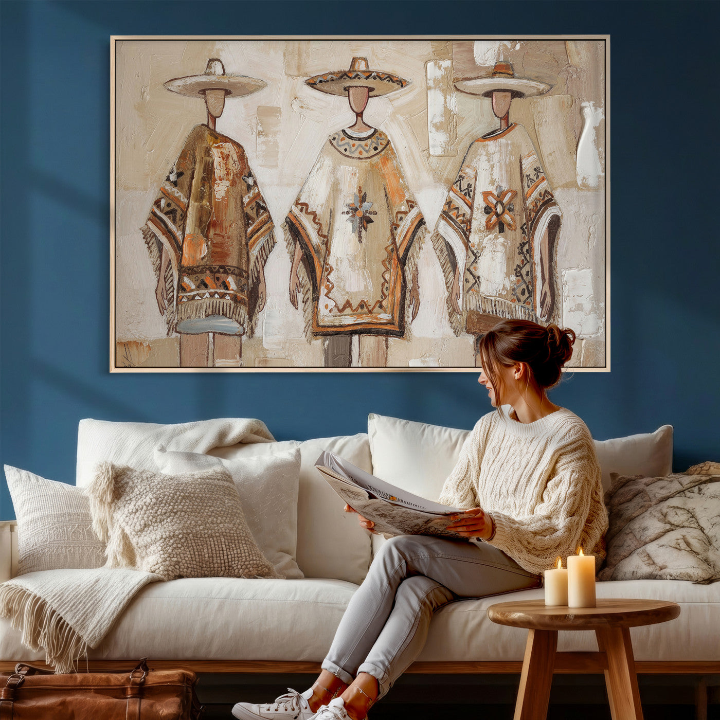 85373290-MGV-CV-36X24 - Mexican Folk Art Canvas Wall Art, Charro Poncho Sombrero Painting Print, Neutral Beige Boho Decor, Southwestern Impasto Style, Living Room Art