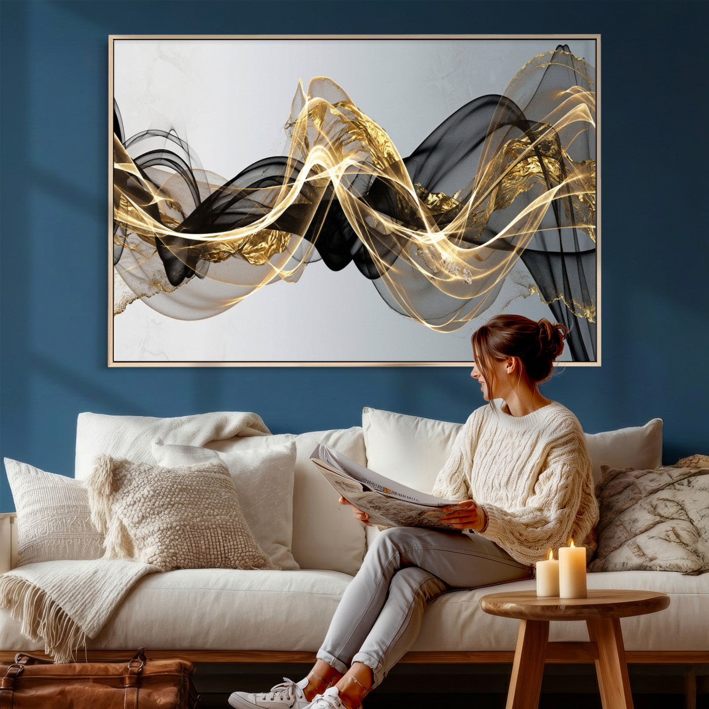 79483321DL-MGV-CV-36X24 - Black and Gold Abstract Wall Art, Modern Wave Canvas Print, Elegant Flowing Smoke Art, Luxury Living Room Decor