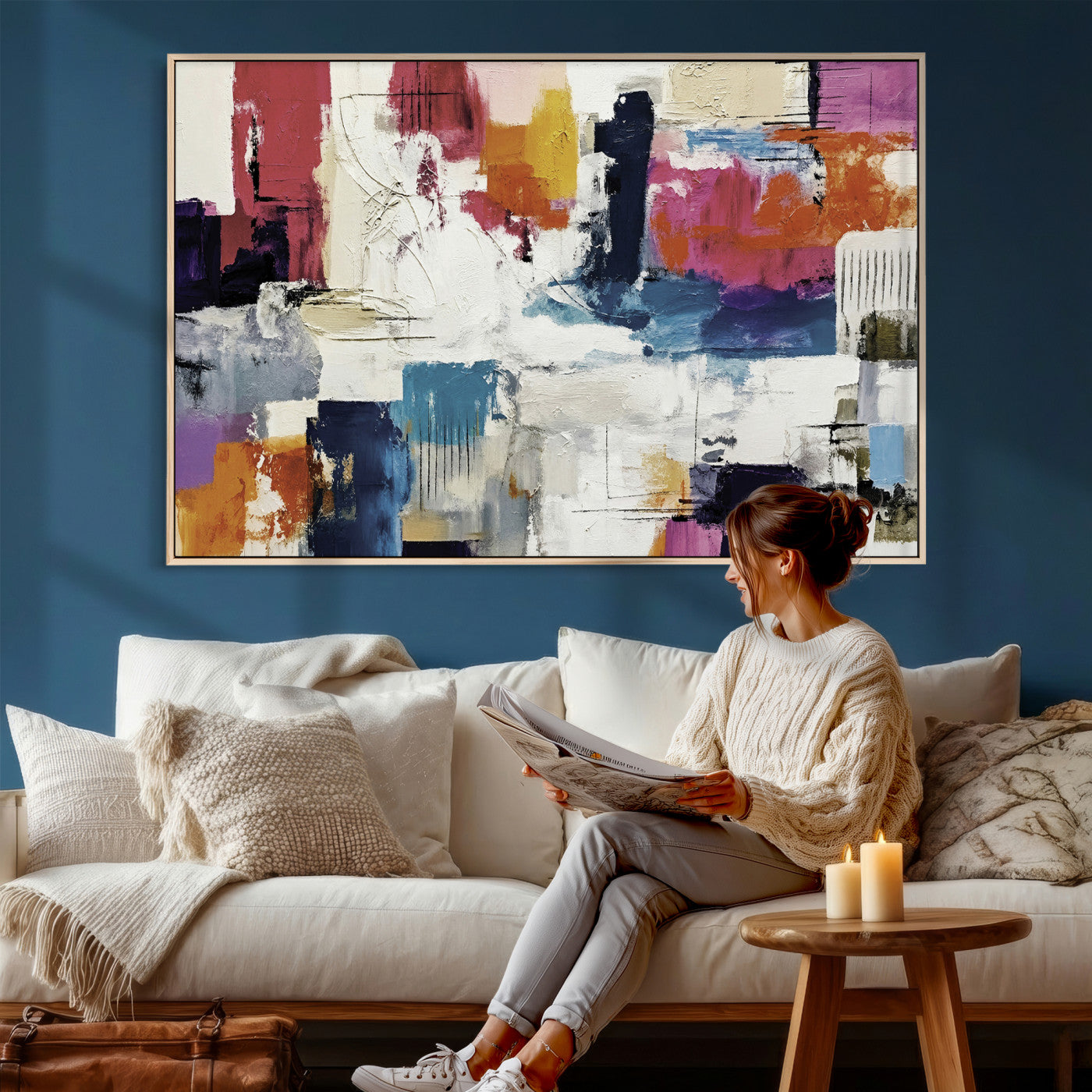 57864023-MGV-CV-36X24 - Blue Teal Abstract Canvas Wall Art, Modern Textured Painting Print, Navy Orange White Contemporary Art, Neutral Living Room Decor, Office Art