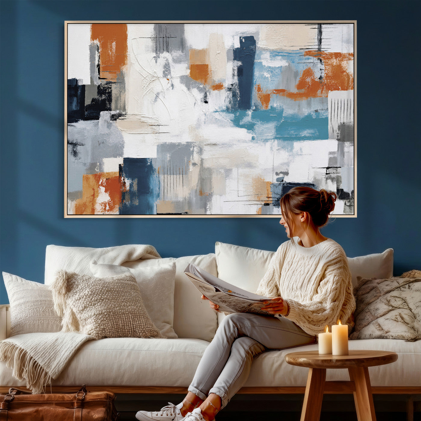 44950303-MGV-CV-36X24 - Blue Teal Abstract Canvas Wall Art, Modern Textured Painting Print, Navy Orange White Contemporary Art, Neutral Living Room Decor, Office Art