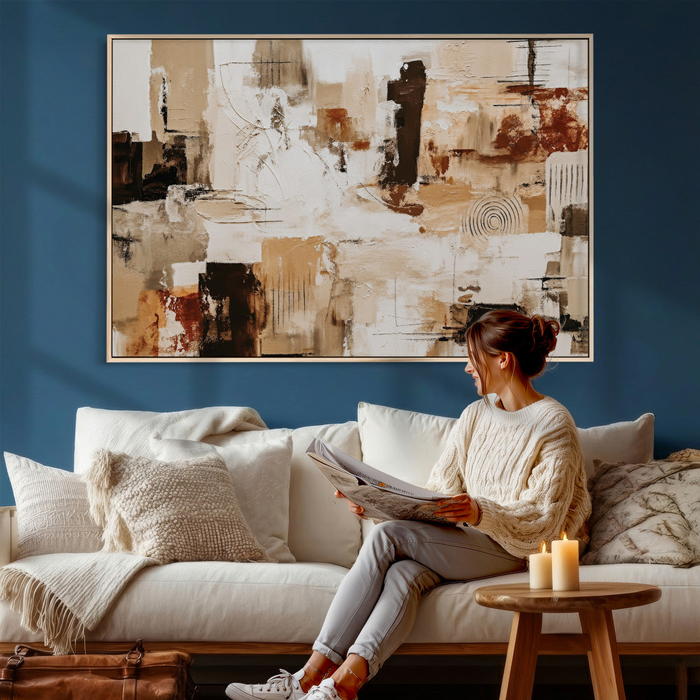 26560159-MGV-CV-36X24 - Blue Teal Abstract Canvas Wall Art, Modern Textured Painting Print, Navy Orange White Contemporary Art, Neutral Living Room Decor, Office Art