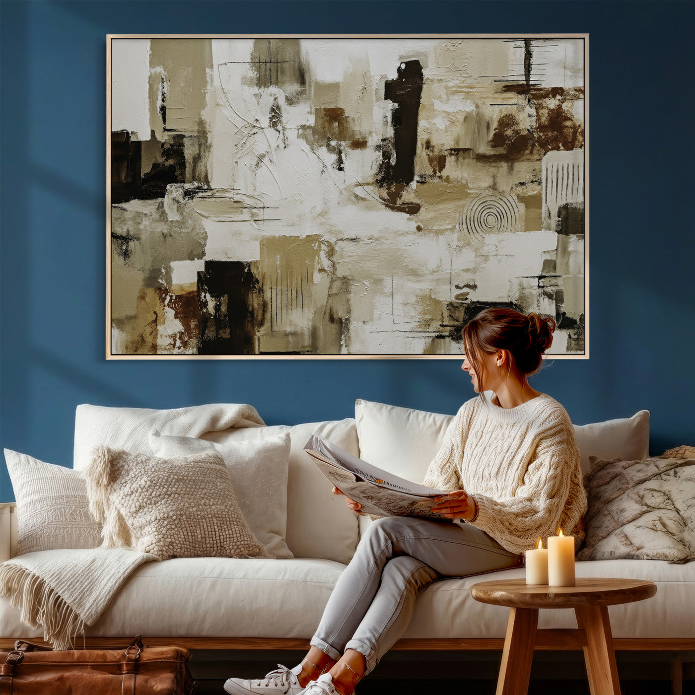 15668286-MGV-CV-36X24 - Blue Teal Abstract Canvas Wall Art, Modern Textured Painting Print, Navy Orange White Contemporary Art, Neutral Living Room Decor, Office Art