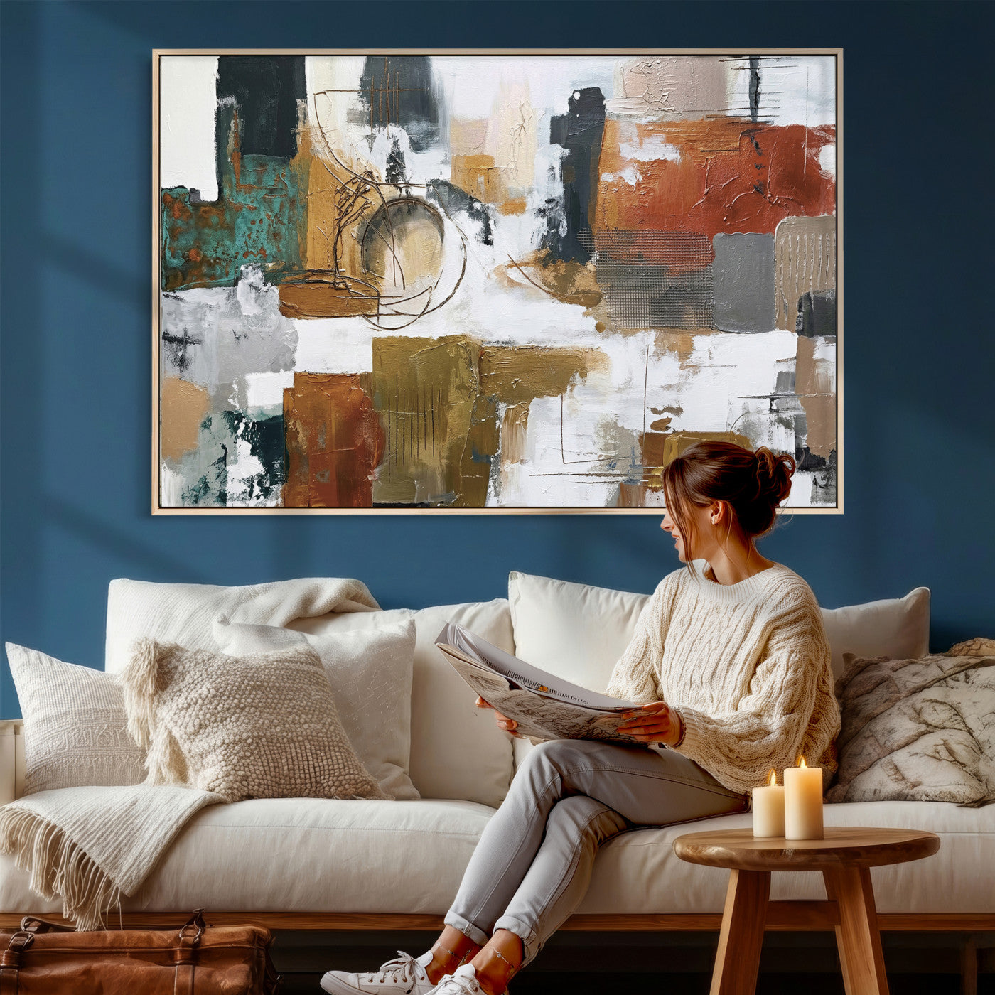 50720312-MGV-CV-36X24 - Blue Teal Abstract Canvas Wall Art, Modern Textured Painting Print, Navy Orange White Contemporary Art, Neutral Living Room Decor, Office Art