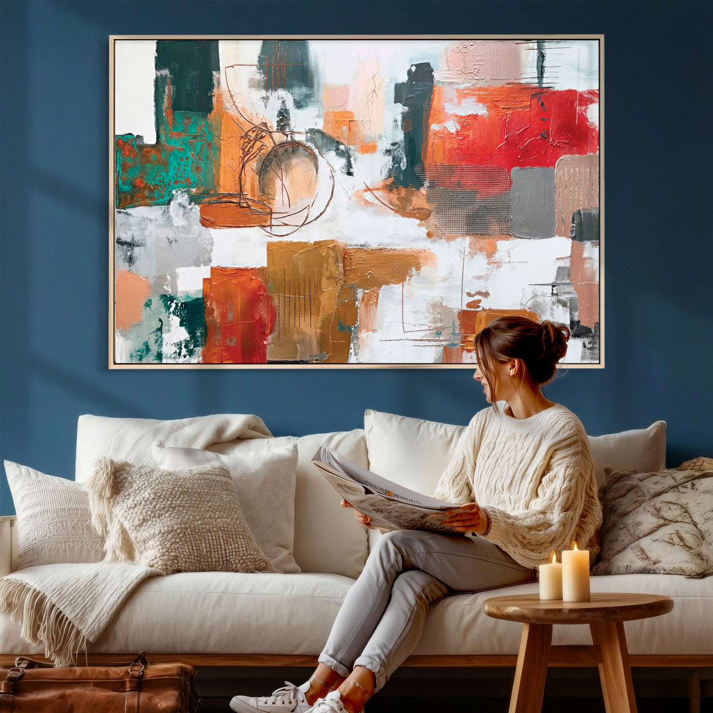 50720312-MGV-CV-36X24 - Blue Teal Abstract Canvas Wall Art | Modern Textured Painting Print, Navy Orange White Contemporary Art, Neutral Living Room Decor, Office Art.