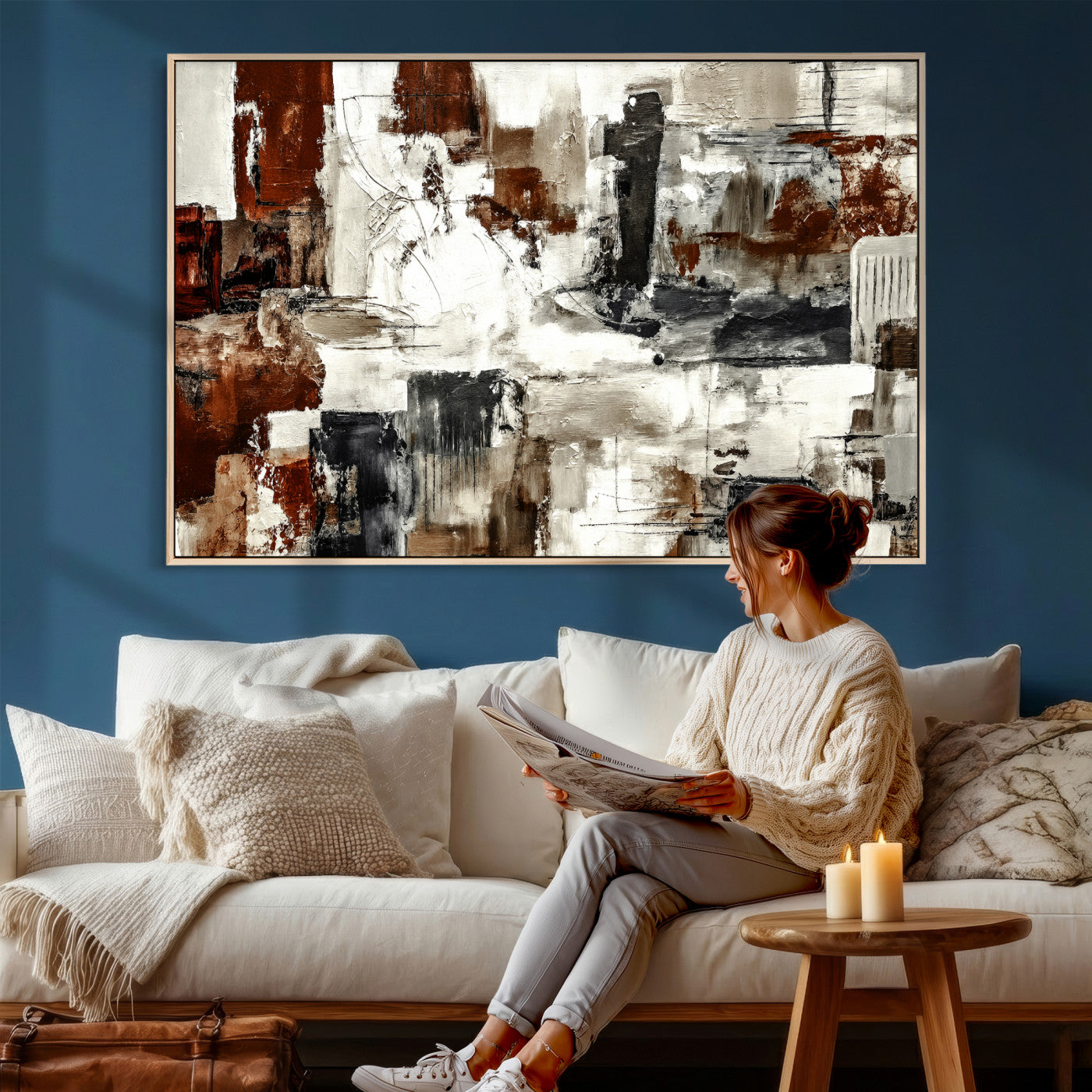 53022468-MGV-CV-36X24 - Blue Teal Abstract Canvas Wall Art, Modern Textured Painting Print, Navy Orange White Contemporary Art, Neutral Living Room Decor, Office Art