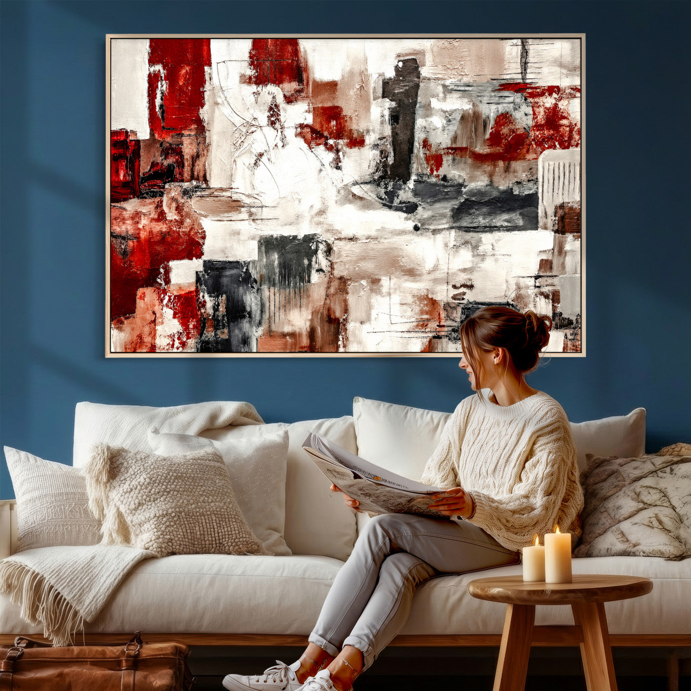 53022468-MGV-CV-36X24 - Blue Teal Abstract Canvas Wall Art, Modern Textured Painting Print, Navy Orange White Contemporary Art, Neutral Living Room Decor, Office Art