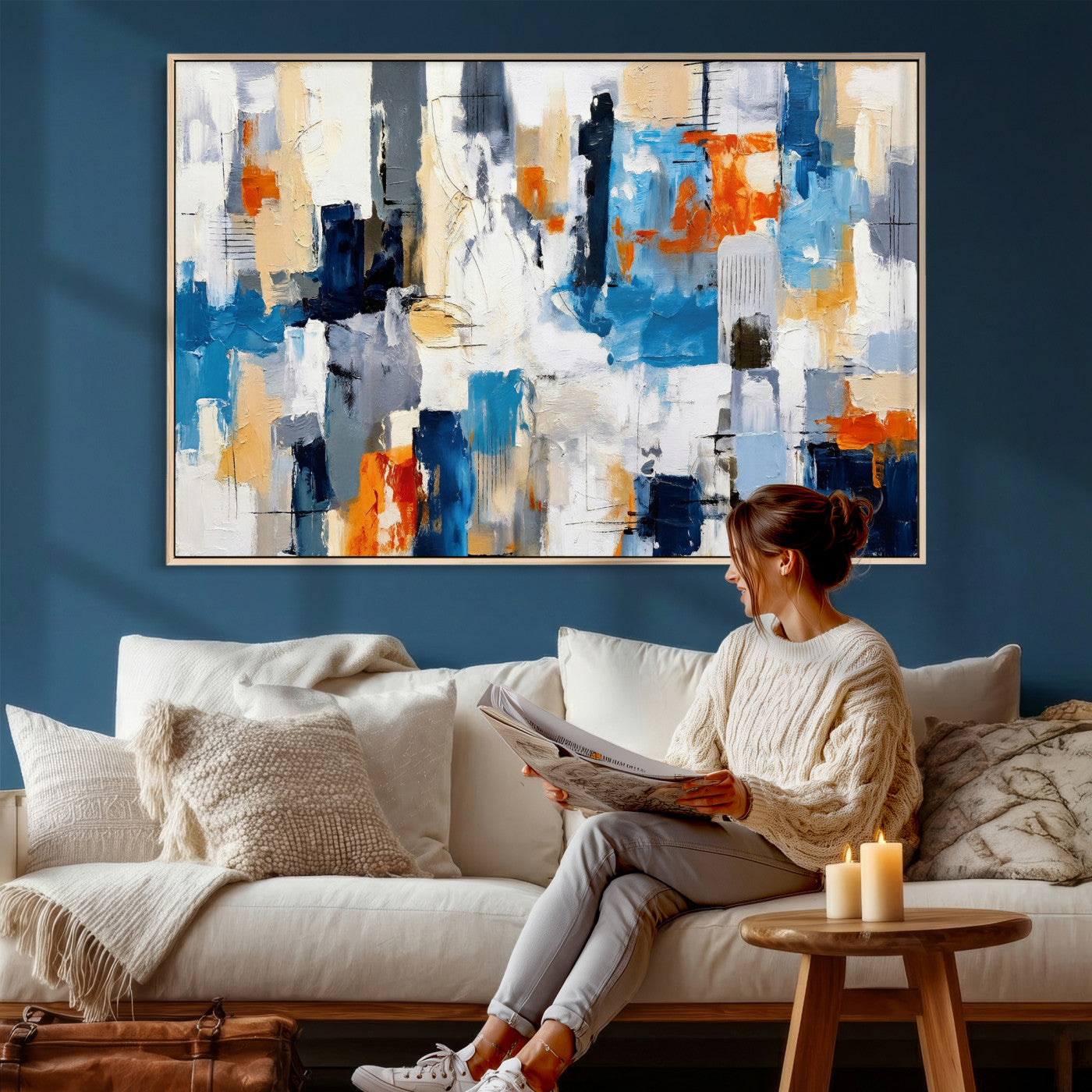 83915061-MGV-CV-36X24 - Blue Teal Abstract Canvas Wall Art, Modern Textured Painting Print, Navy Orange White Contemporary Art, Neutral Living Room Decor, Office Art