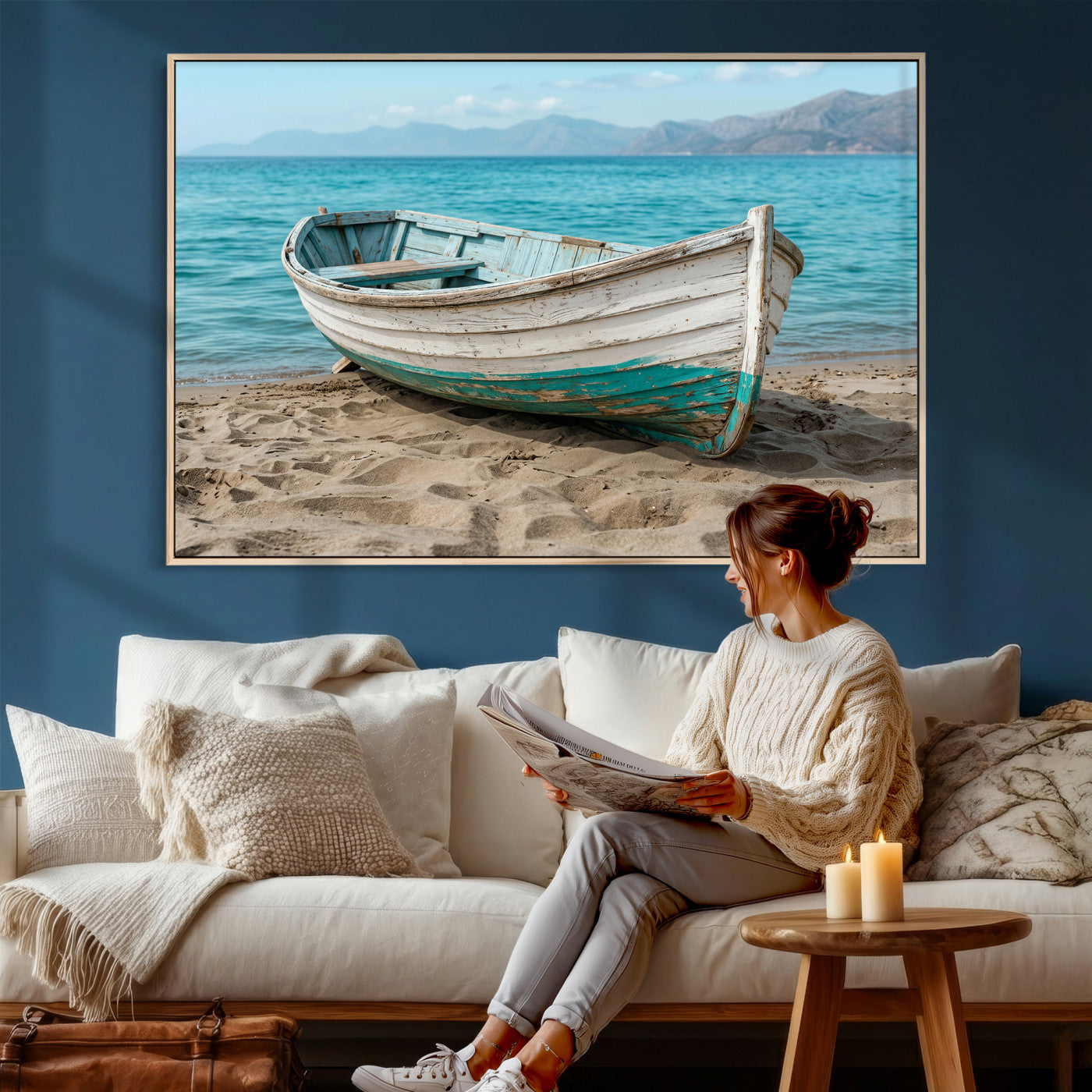 49963709-MGV-CV-36X24 - Coastal Boat Canvas Wall Art Print, Beach Boat Painting, Nautical Ocean Decor, Seascape Wall Art, Ready to Hang