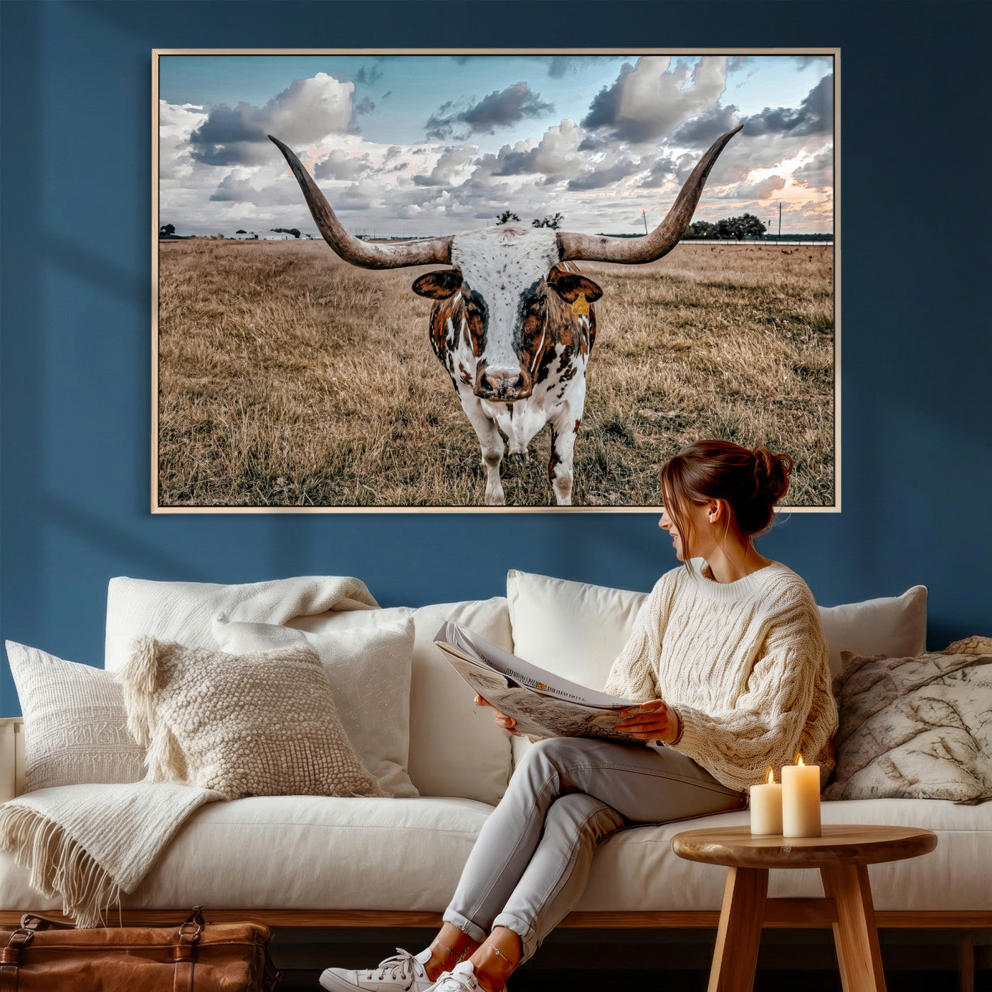 17464823-MGV-CV-36X24 - Texas Longhorn Canvas Wall Art Print - Western Cow Photography, Rustic Ranch Decor, Farmhouse Wall Art, Ready to Hang