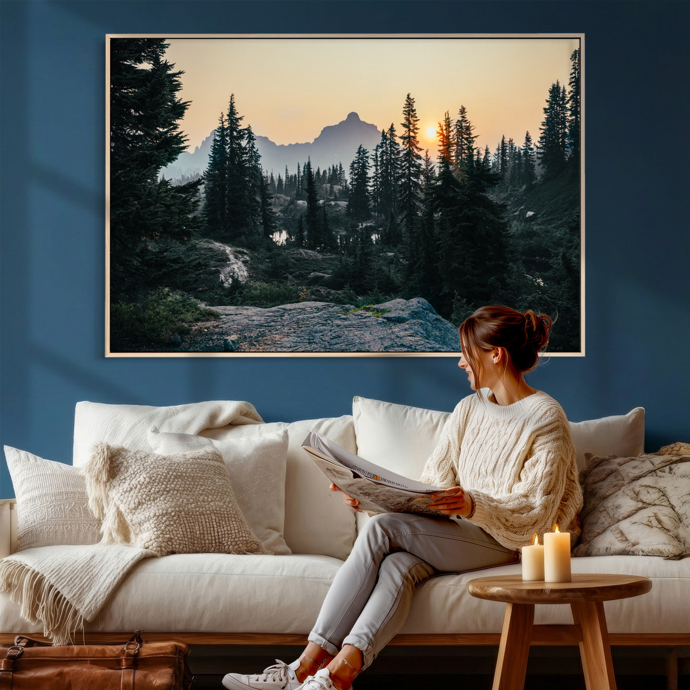 89996020-MGV-CV-36X24 - Mountain Forest Canvas Wall Art Print, Pine Tree Landscape, Sunset Nature Photography, Wilderness Wall Decor, Ready to Hang
