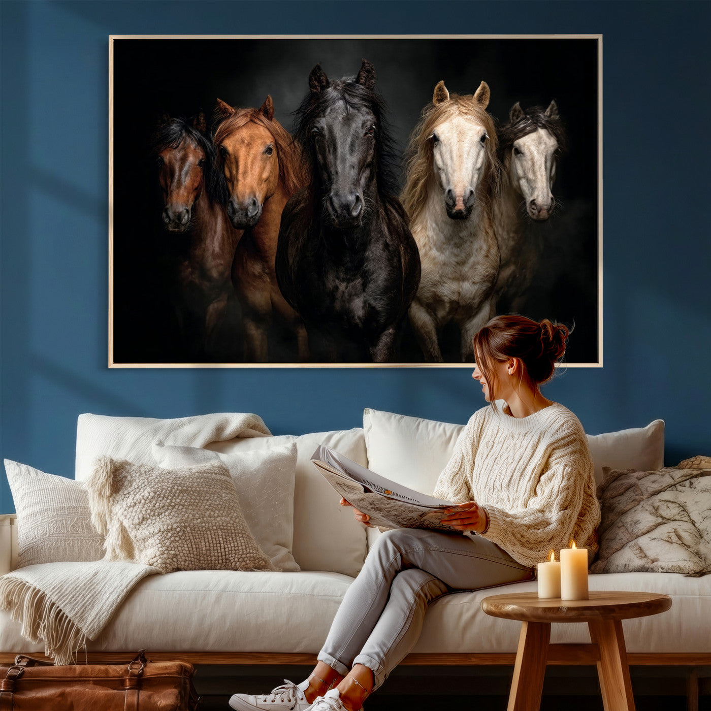 77696206-MGV-CV-36X24 - Horse Wall Art Canvas Print | Wild Horses Portrait Photography, Animal Horse Decor, Black Brown White Horse Herd