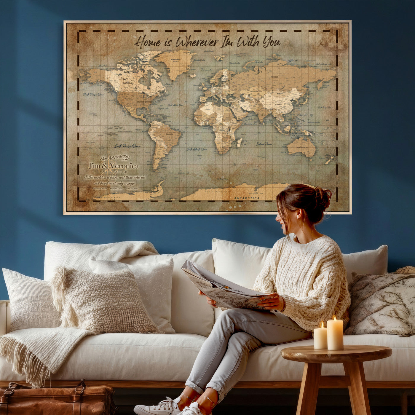 97123877-MGV-CV-36X24 - Vintage Custom Push Pin World Map, Vintage Travel Map Canvas, Personalized Names Anniversary Gift, Places Visited Pin Board, Couples Adventure Art