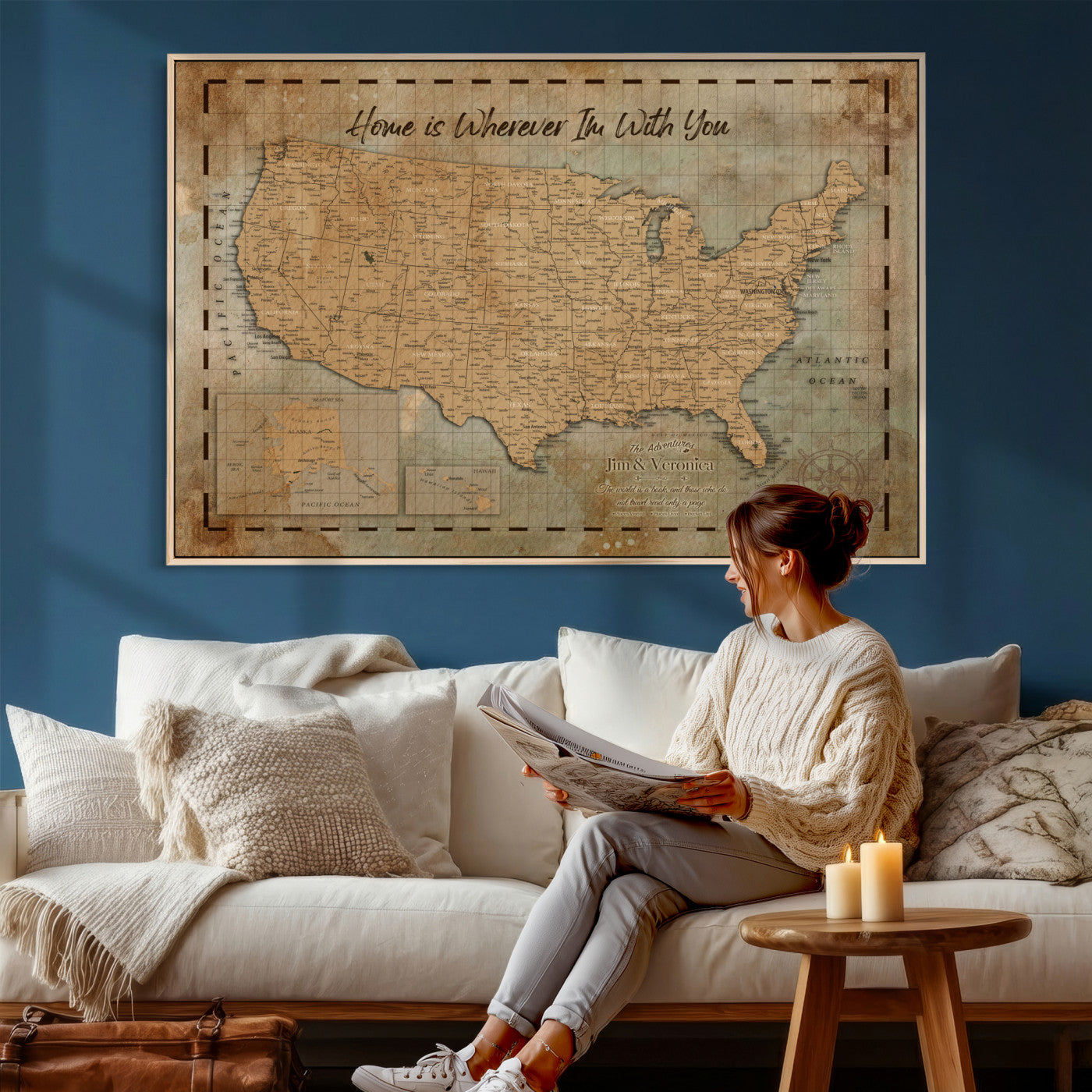 87620242-MGV-CV-36X24 - Personalized USA Push Pin Travel Map, Custom United States Map, Push Pin Map, USA Bucket List Map, Anniversary Gift, Couple Travel Map Wall Art