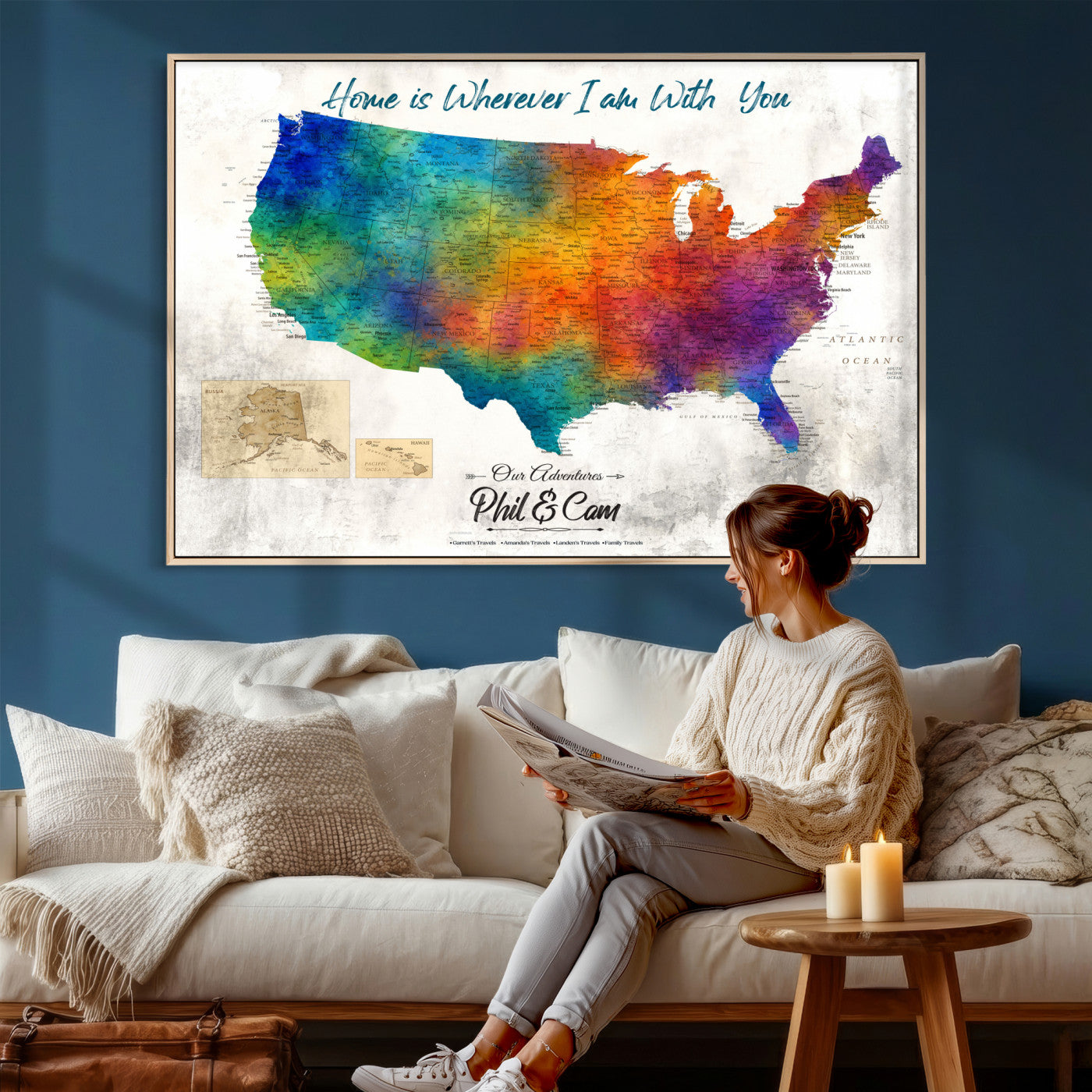 17251793-MGV-CV-36X24 - Watercolor USA Travel Map with Pins Colorful Modern Canvas Wall Art