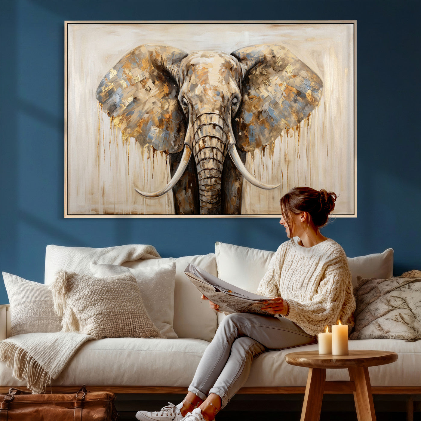 95819221-MGV-CV-36X24 - Gold Leaf Elephant Canvas Wall Art Abstract African Wildlife Painting Print