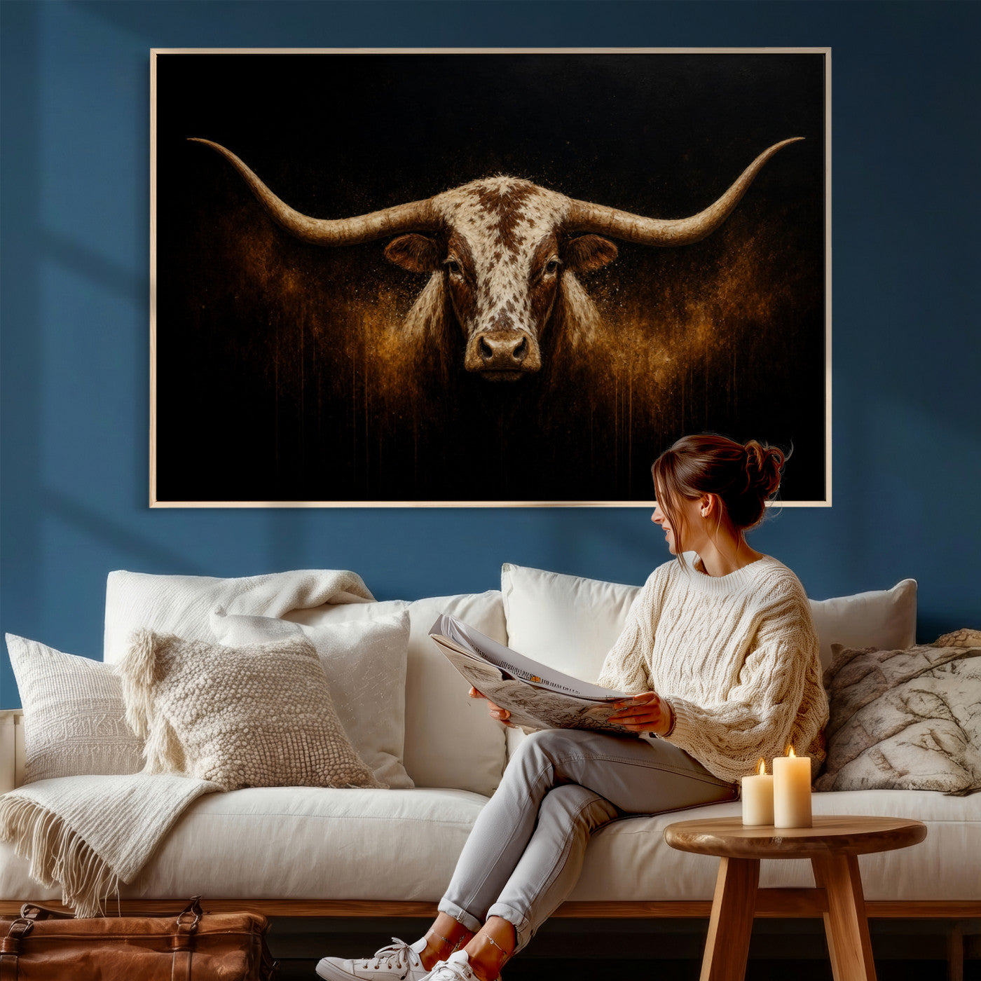12628958-MGV-CV-36X24 - Texas Longhorn Canvas Wall Art Moody Western Bull Oil Painting Print