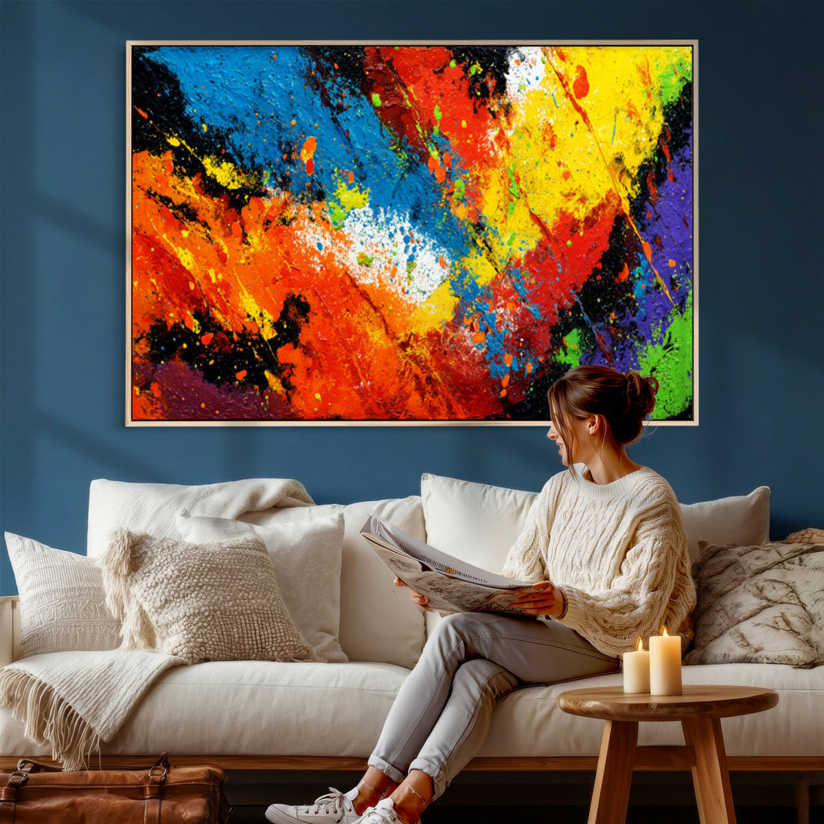 74888753-MGV-CV-36X24 - Vibrant Blue Abstract Canvas Wall Art Colorful Impasto Oil Painting Print
