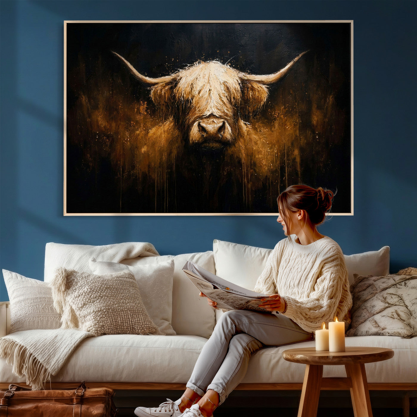 79873059-MGV-CV-36X24 - Rustic Highland Cow Canvas Print Dark Farmhouse Cattle Wall Decor