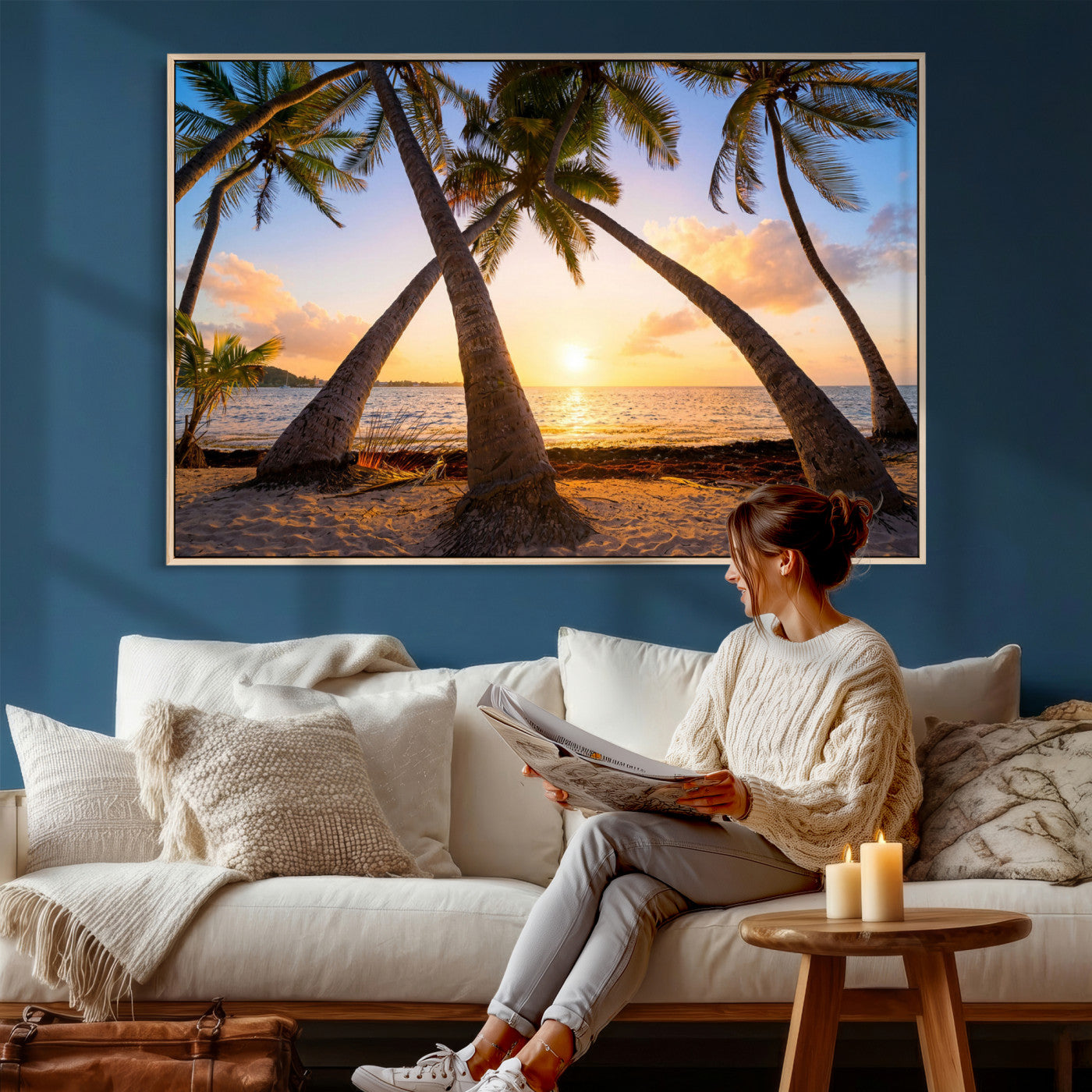 75123213-MGV-CV-36X24 - Tropical Island Coconut Palm Trees Sunset Wall Art Canvas Print - Turquoise Beach Print for Nautical Home Decor