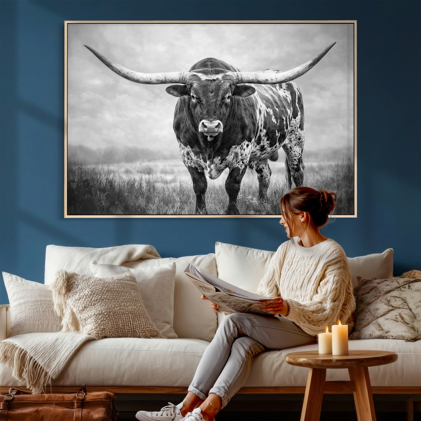11121585-MGV-CV-36X24 - Texas Bull Wall Art Canvas Print for Farmhouse Restaurant Wall Decor
