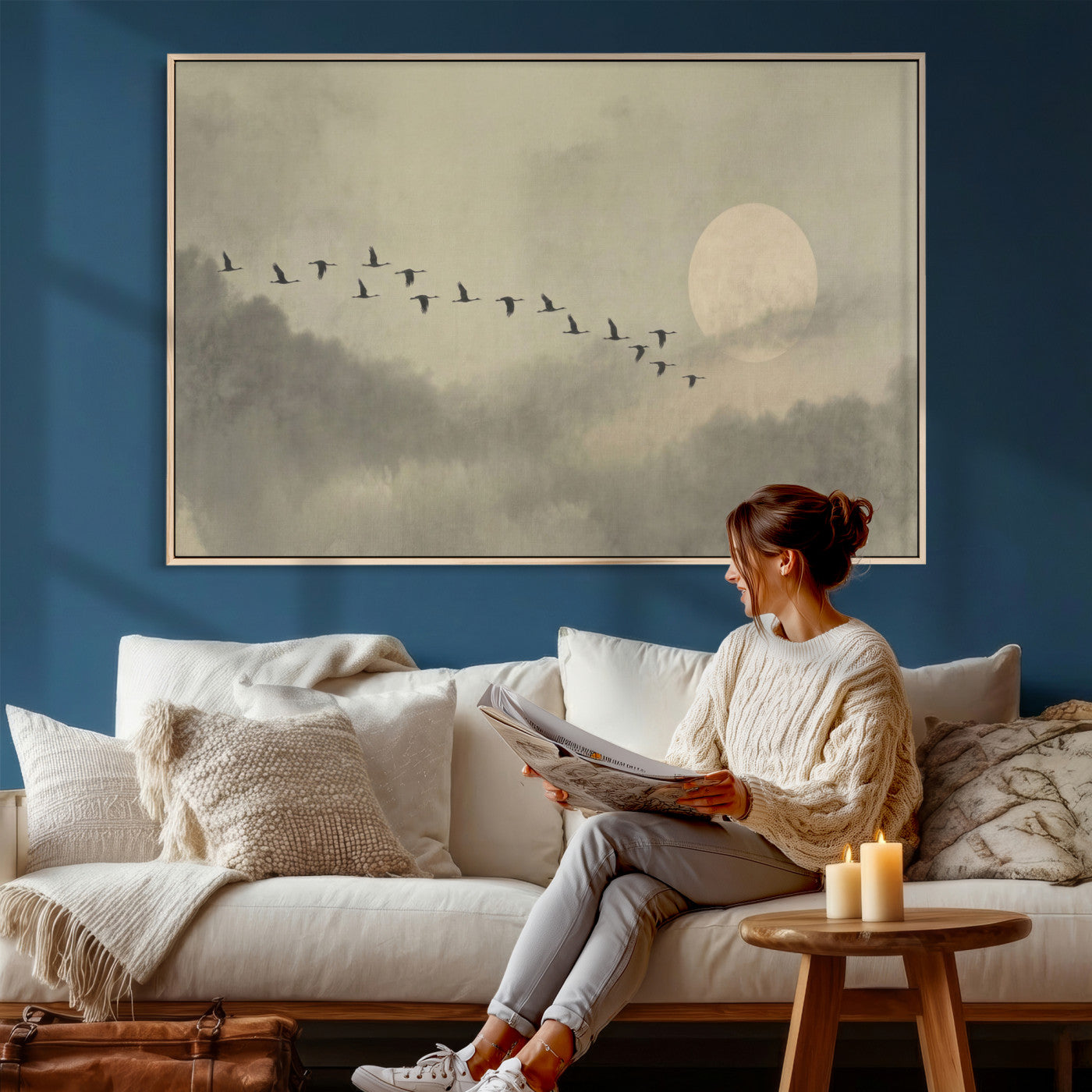 12098149-MGV-CV-36X24 - Flock of Birds Flying to Full Moon Wall Art Canvas Print - Vintage Surreal Clouds Painting
