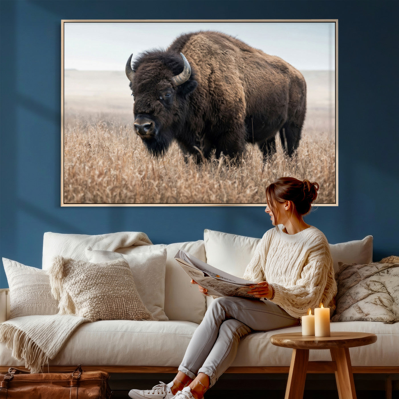 81029583-MGV-CV-36X24 - American Bison in Prairie Field Wall Art Canvas Print - Rustic Wildlife Photography