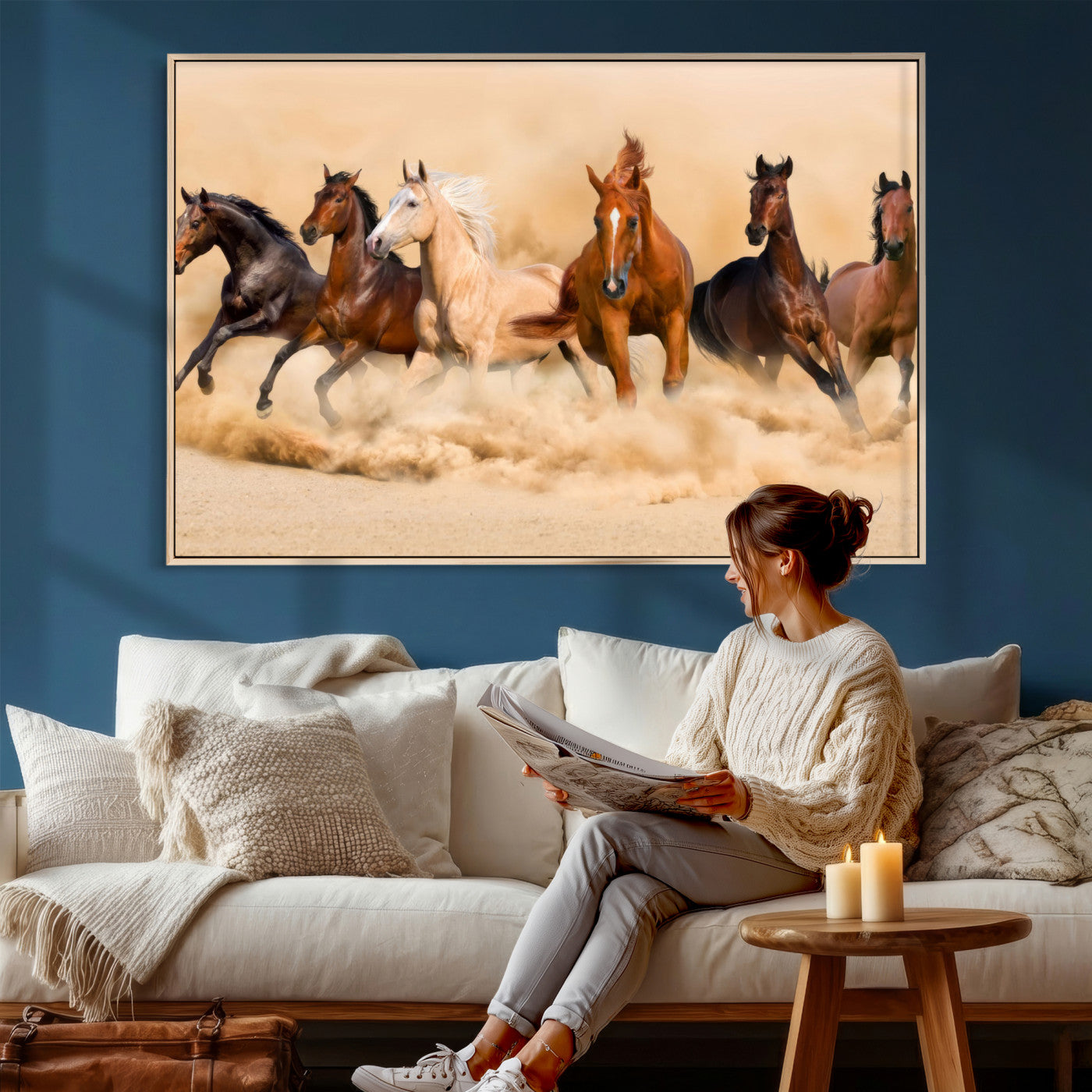 90610949-MGV-CV-36X24 - Herd of Six Wild Horses Galloping in Dust Storm Wall Art Canvas Print - Majestic Wildlife Decor