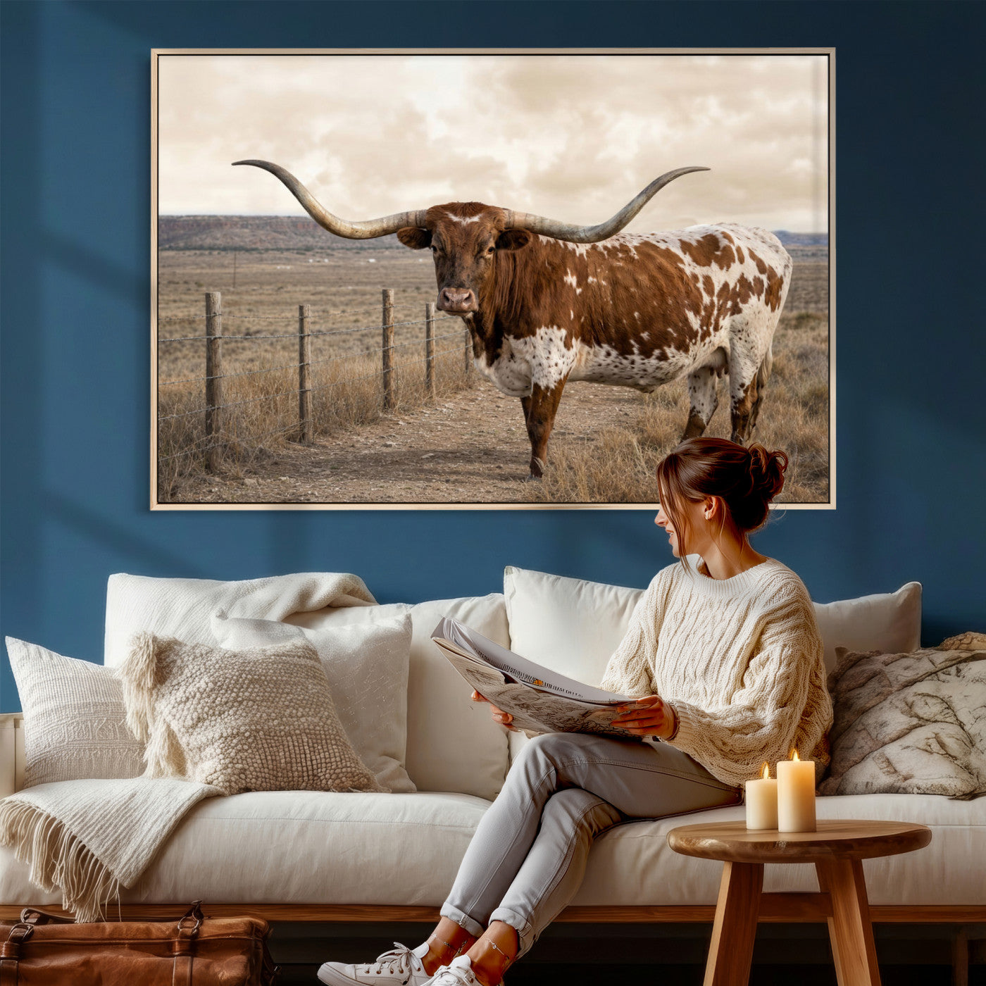 22808364-MGV-CV-36X24 - Texas Longhorn Cattle in Desert Pasture Wall Art Canvas Print - Rustic Western Decor