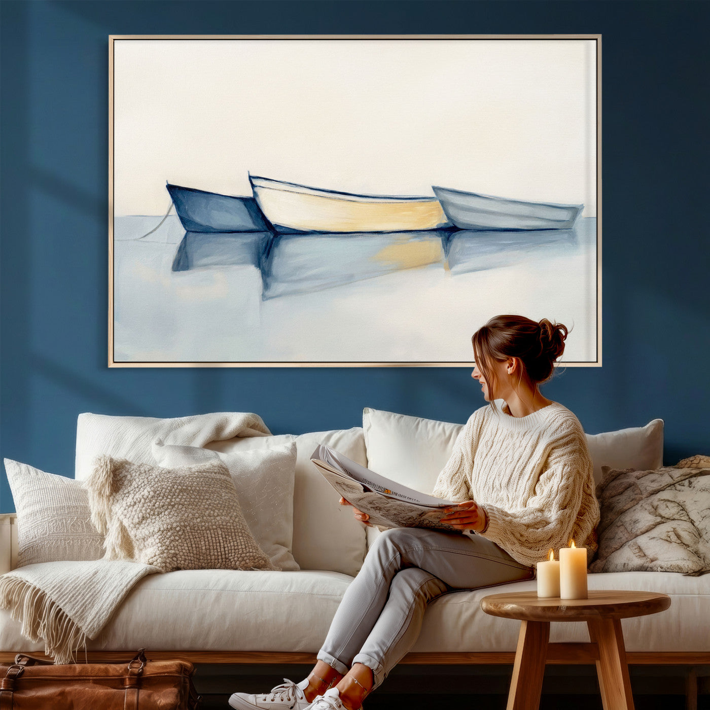 84017361-MGV-CV-36X24 - Abstract Three Boats Reflecting on Water Wall Art Canvas Print - Minimalist Coastal Seascape