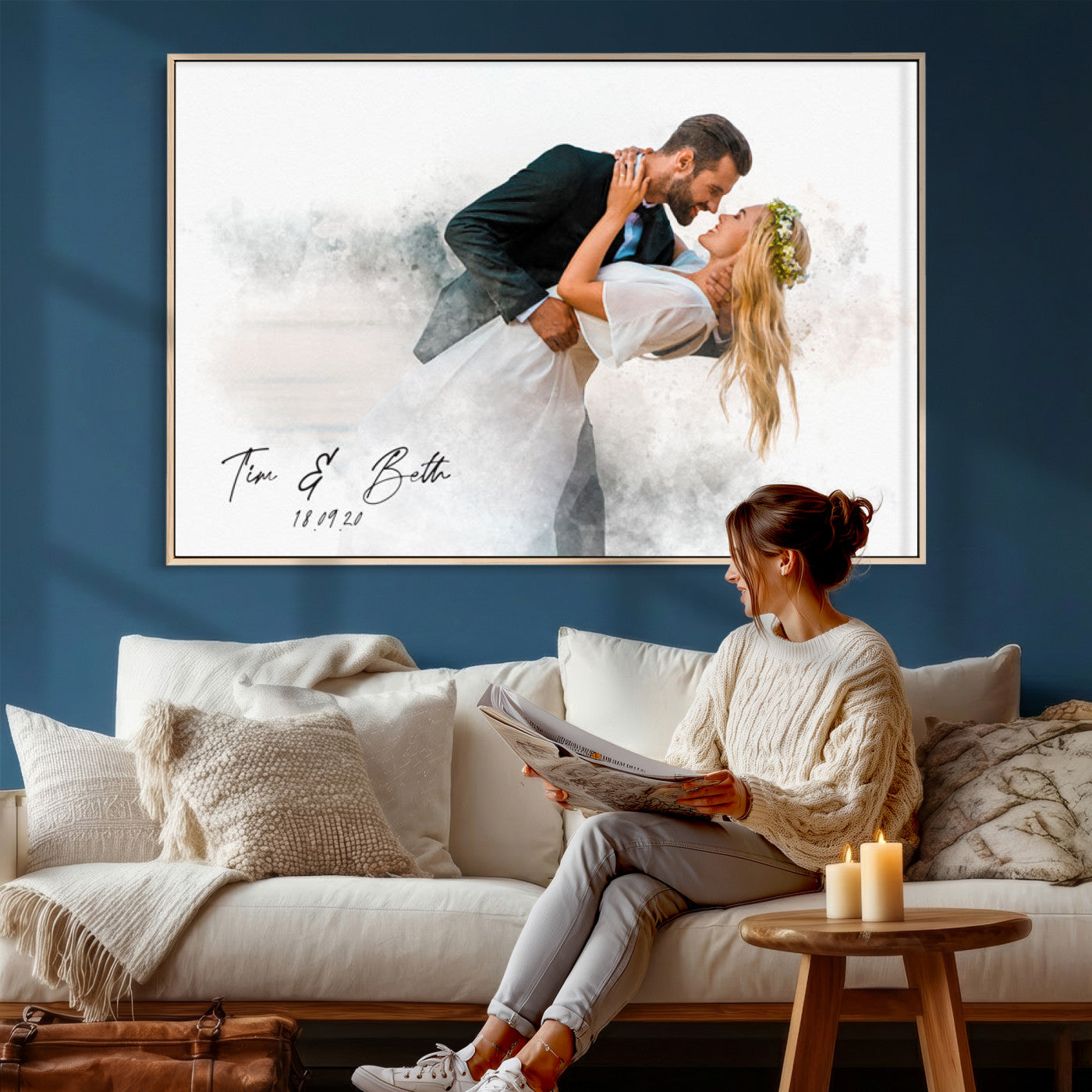 39726003-MGV-CV-36X24 - Watercolor Couple Portrait from Photo, Custom Wedding Anniversary Gift for Wife Husband Parents, Engagement Gift for Friend
