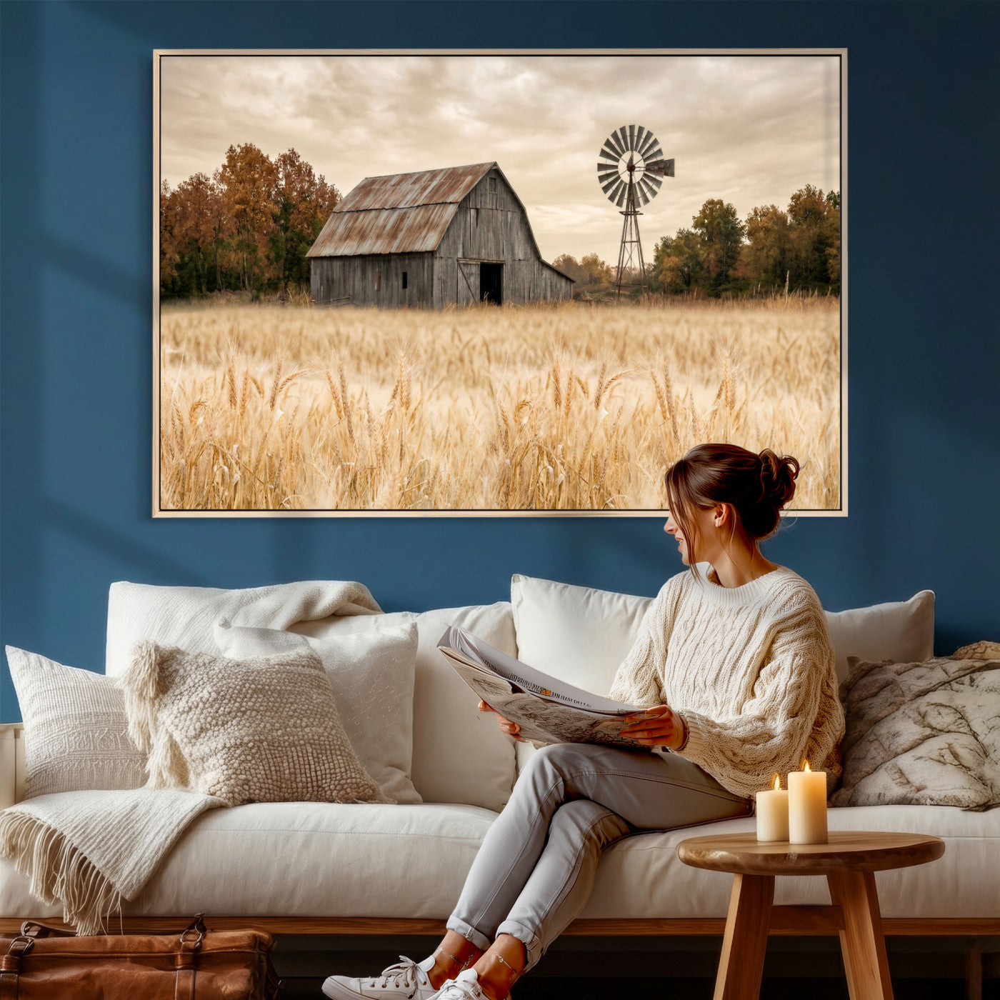 99640659-MGV-CV-36X24 - Rustic Farmhouse Barn and Windmill Wall Art Canvas Print, Country Landscape Photography Print