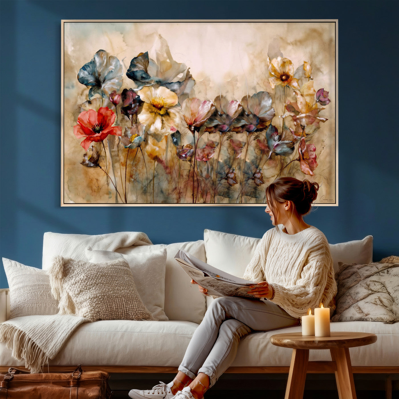 11407233-MGV-CV-36X24 - Vintage Dried Floral Meadow Wall Art Canvas Print, Translucent Watercolor Flowers Painting Print