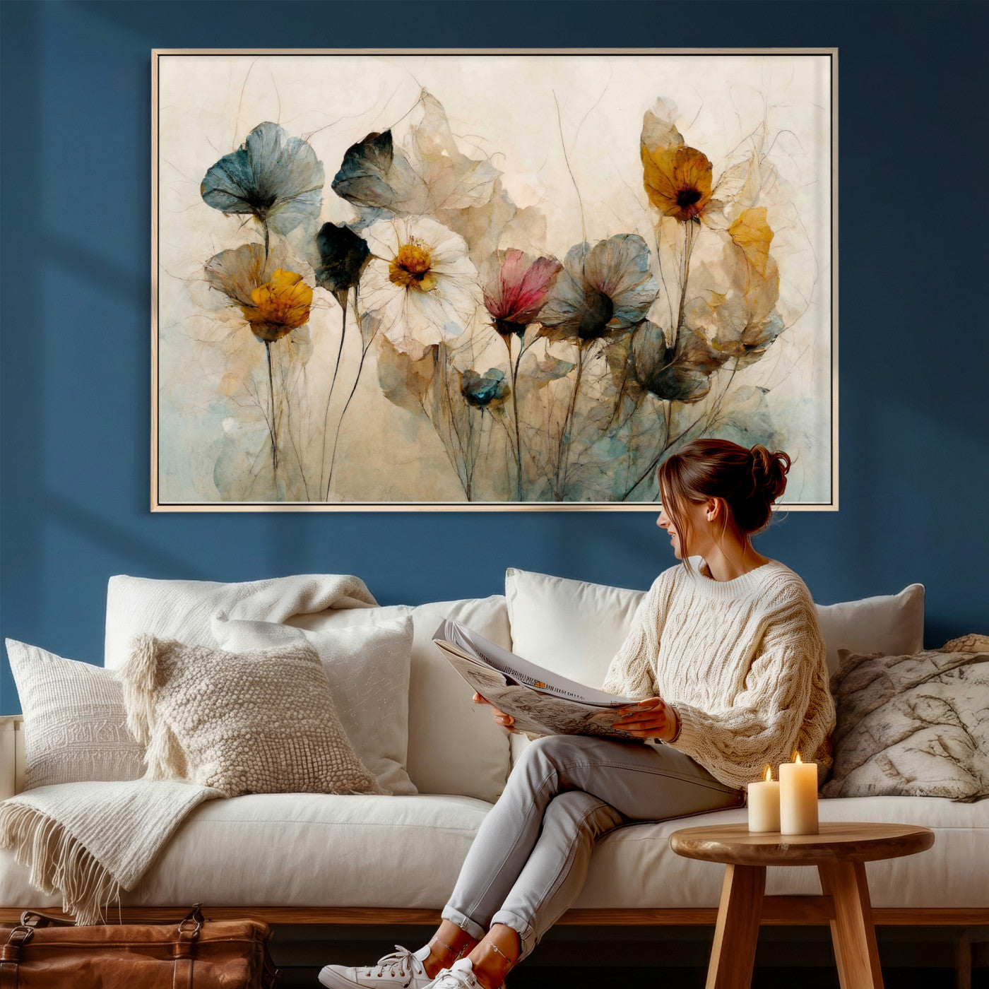 86802229-MGV-CV-36X24 - Vintage Dried Floral Meadow Wall Art Canvas Print, Translucent Watercolor Flowers Painting Print