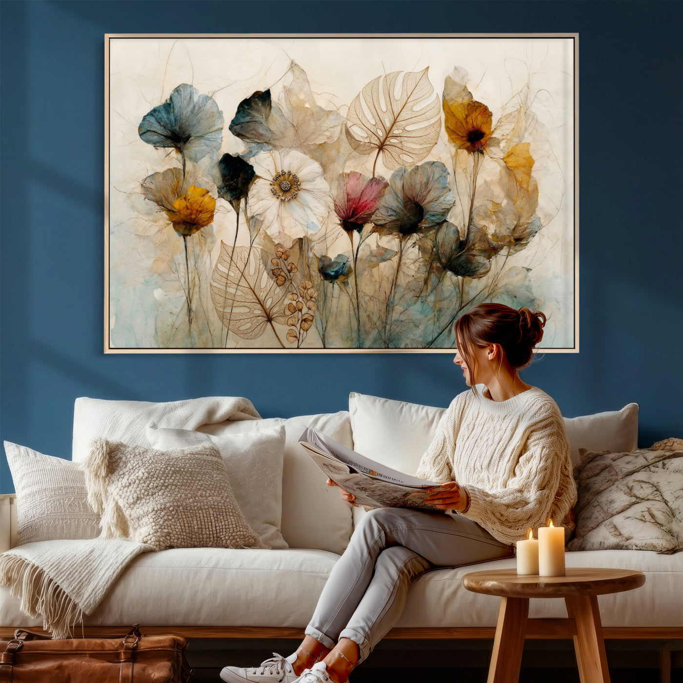 93171612-MGV-CV-36X24 - Vintage Dried Floral Meadow Wall Art Canvas Print, Translucent Watercolor Flowers Painting Print