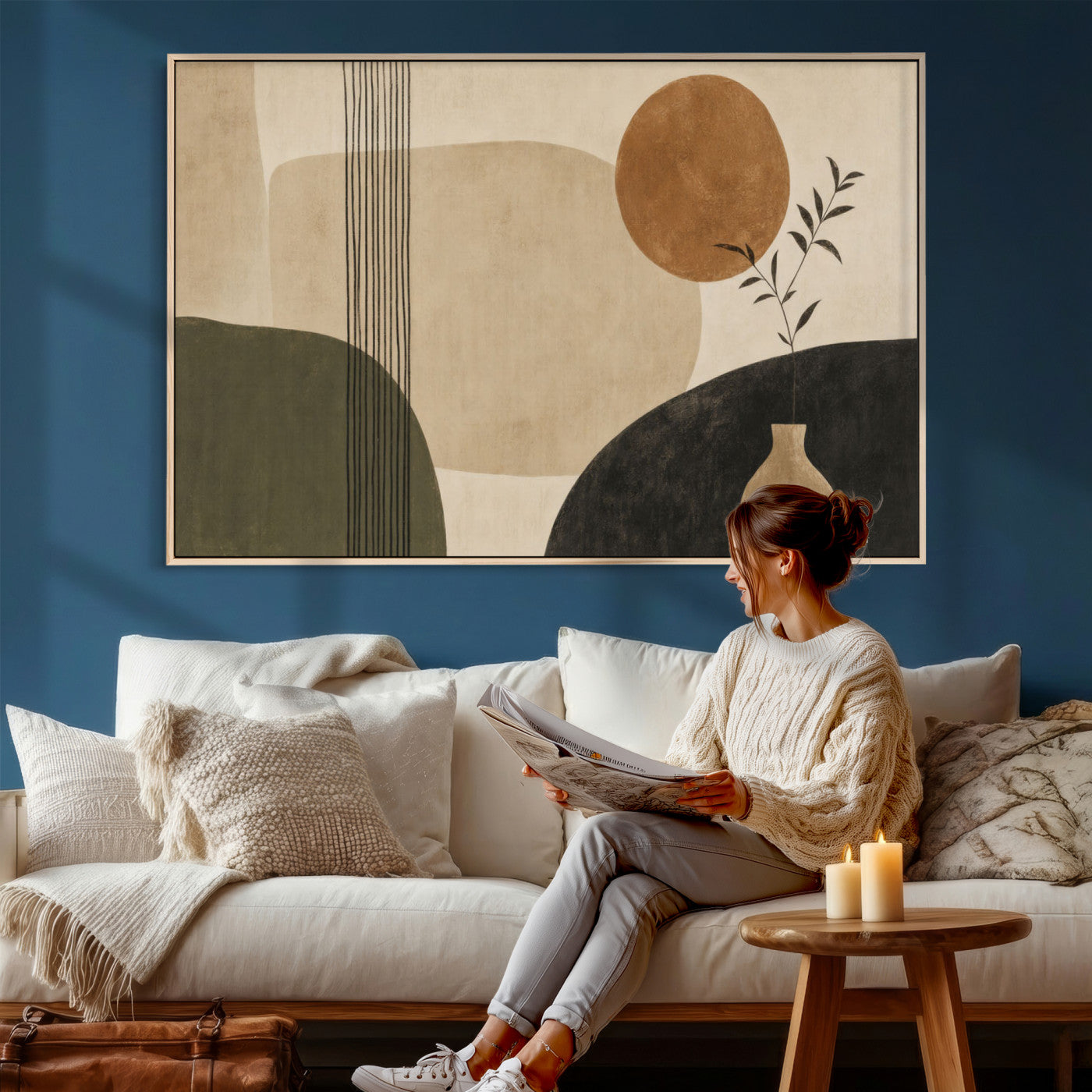 29113684-MGV-CV-36X24 - Japandi Minimalist Abstract Wall Art Canvas Print, Sage Green and Terracotta Sun Botanical Painting Print