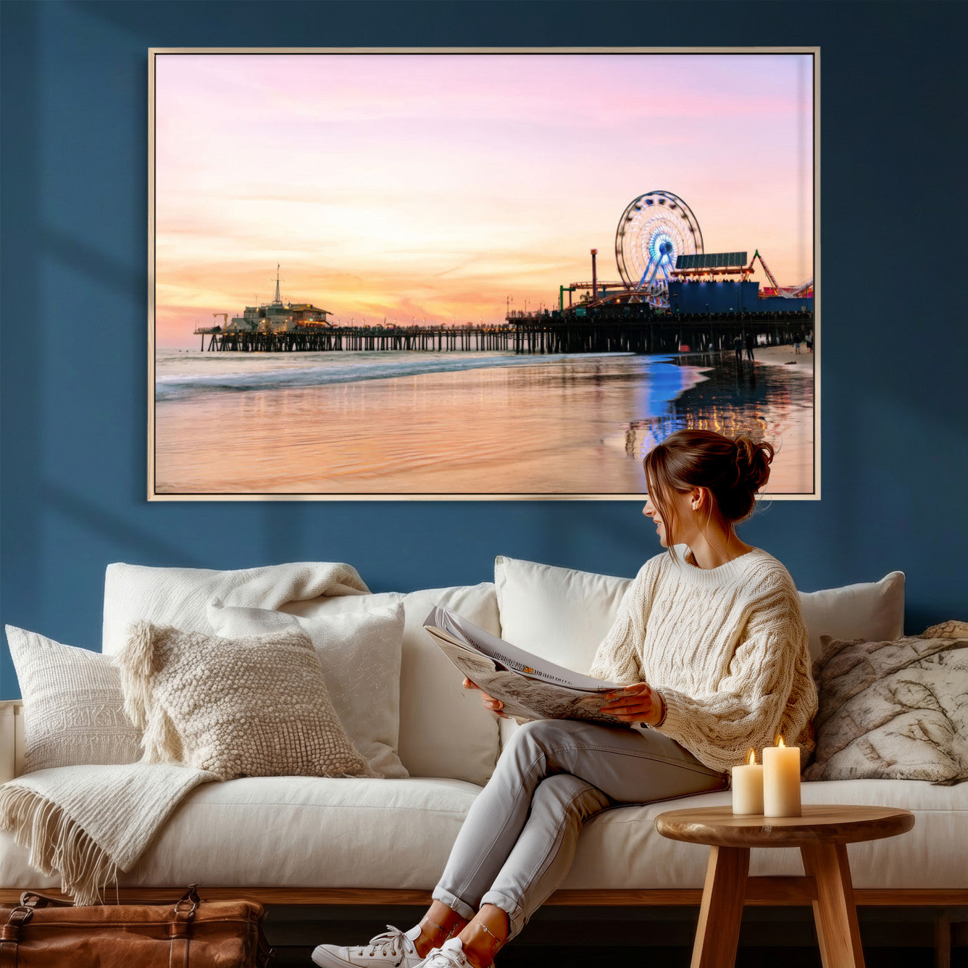27381272-MGV-CV-36X24 - Santa Monica Pier Sunset Beach Wall Art Canvas Print, California Ferris Wheel Photo Print