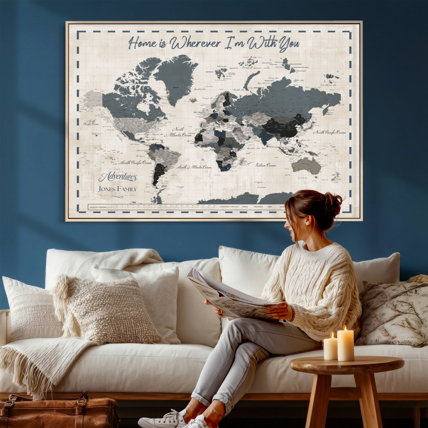 400867164-MGV-CV-36X24 - Framed Blue Custom Push Pin World Map Canvas Print – Personalized Travel Map Wall Art