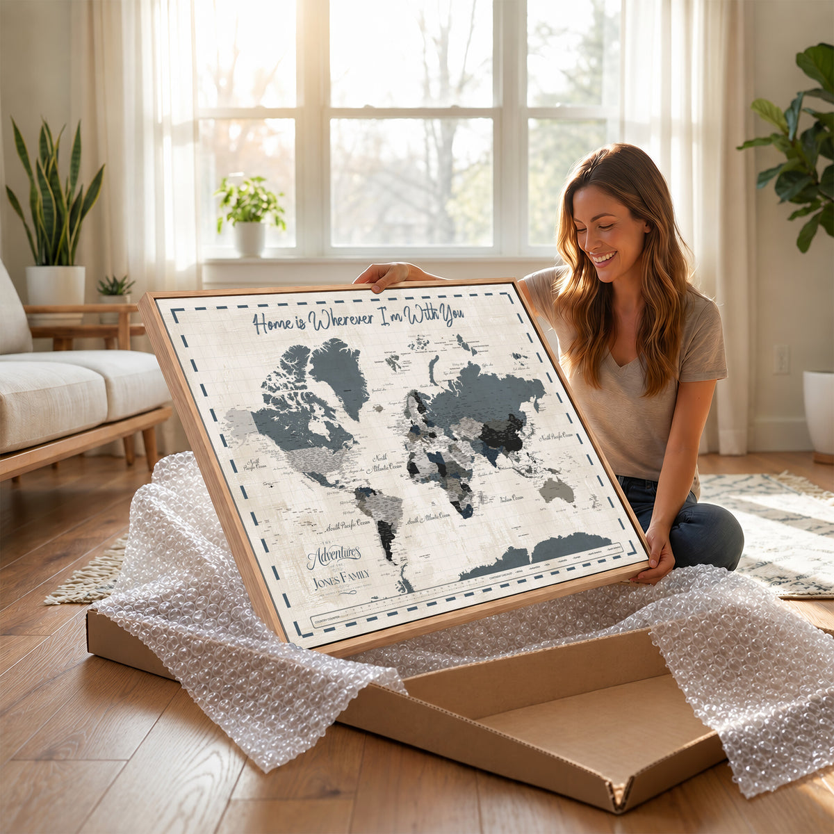 400867164-MGV-CV-36X24 - Framed Blue Custom Push Pin World Map Canvas Print – Personalized Travel Map Wall Art