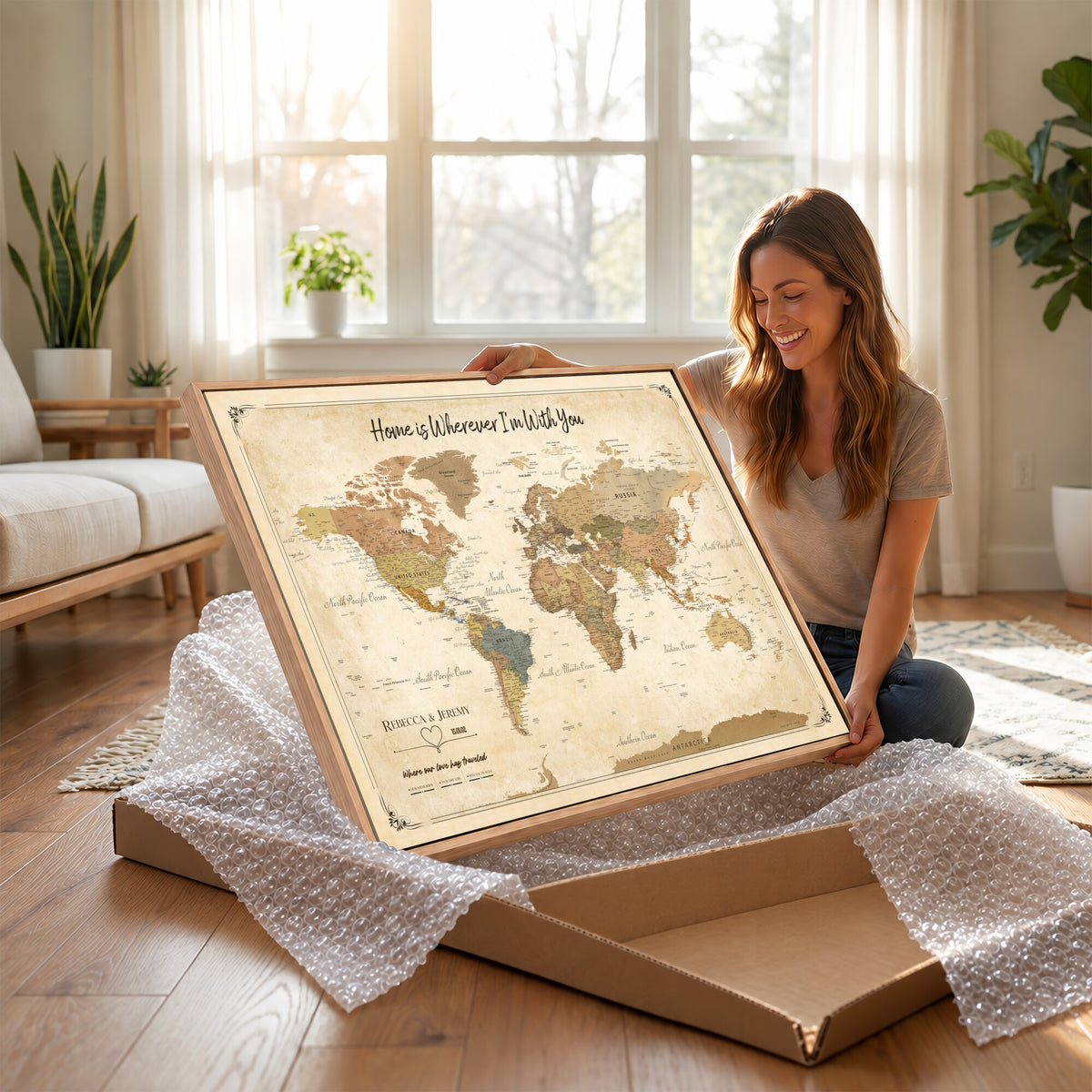 40086165SP-MGV-CV-36X24 - Custom Push Pin Travel Map Canvas Print, Cream Personalized Travel Tracker Map, Anniversary Gift, Vintage World Map Wall Art