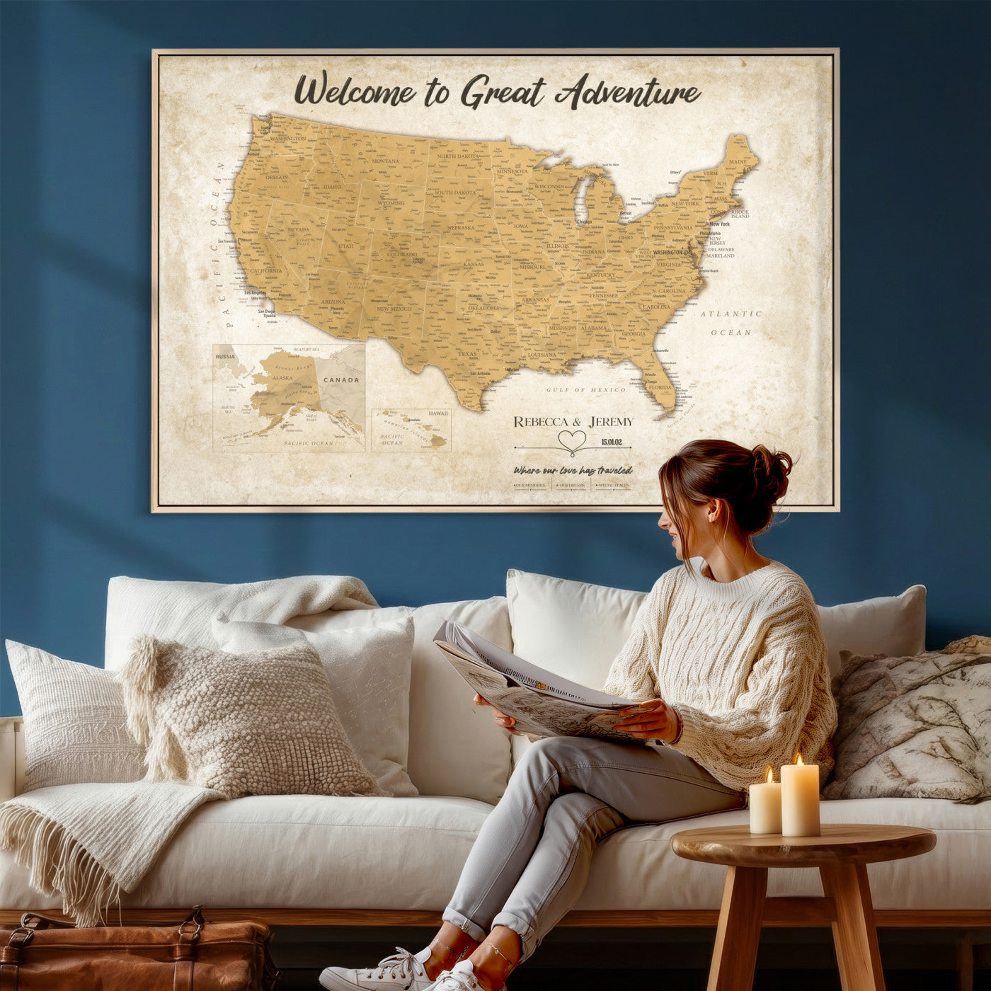 81437082-MGV-CV-36X24 - Custom Push Pin Travel USA Map Canvas Print, Cream Personalized Travel Tracker America Map, Anniversary Traveler Gift
